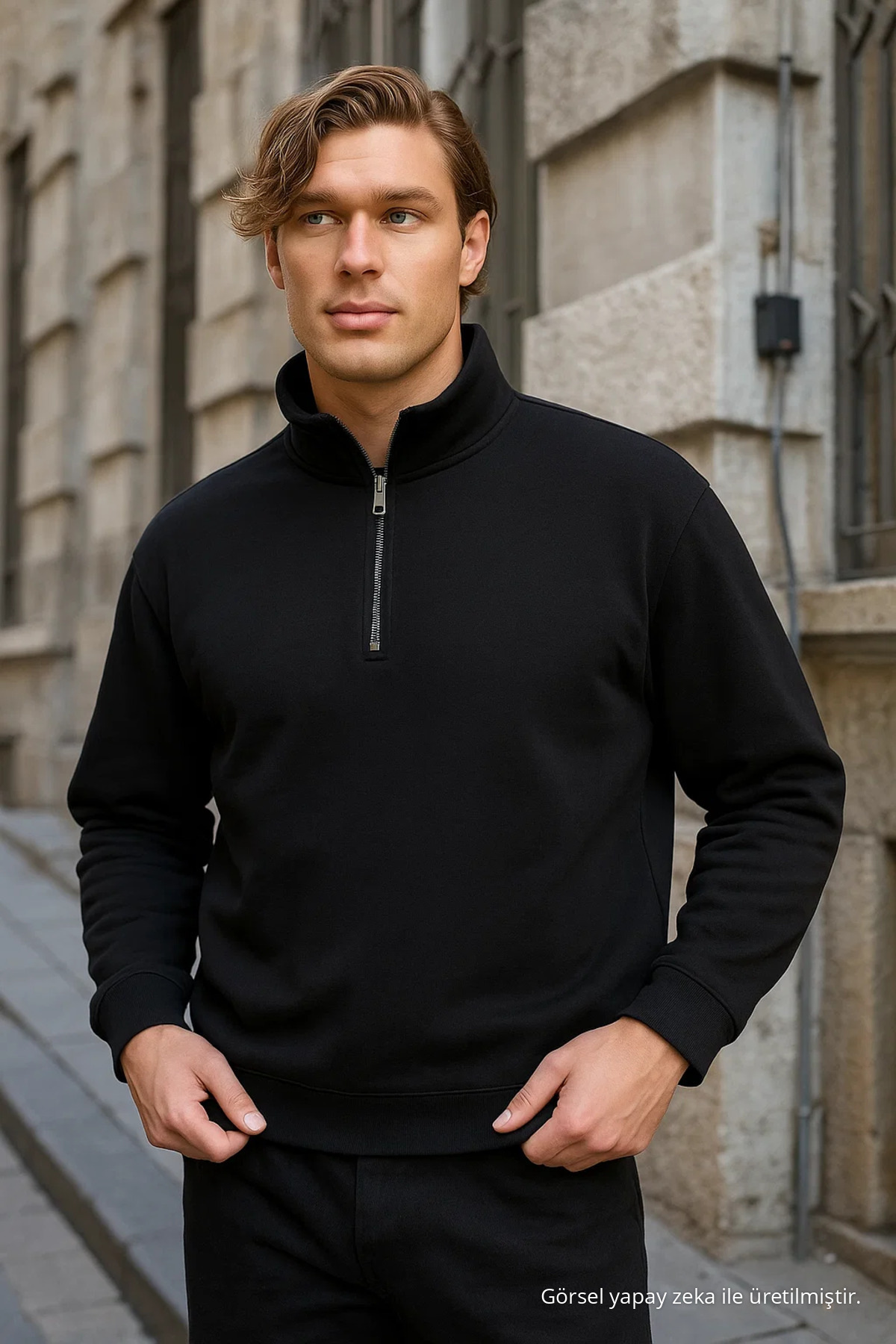 Erkek Yarım Fermuarlı Bol Siyah Sweatshirt 3