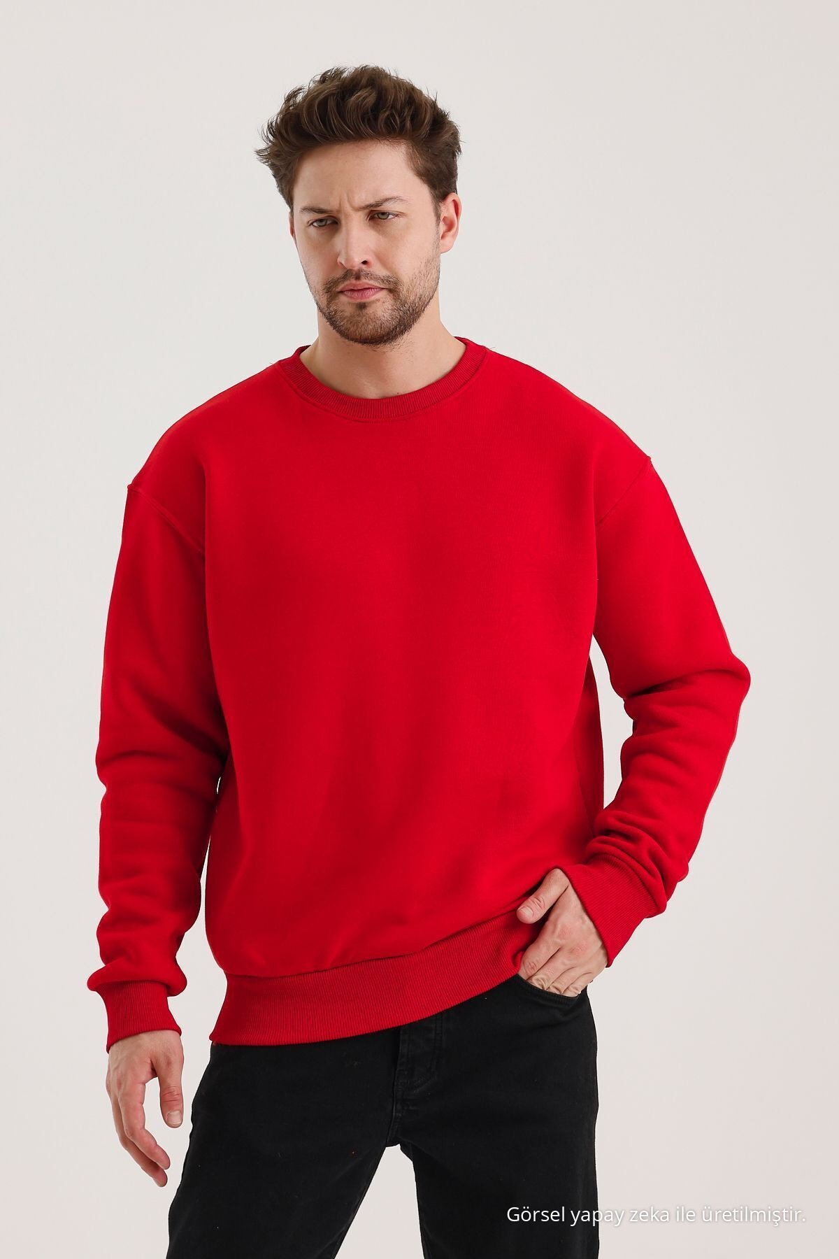KIRMIZI Bisiklet Yaka Oversize Şardonlu Basic Erkek Sweatshirt 4