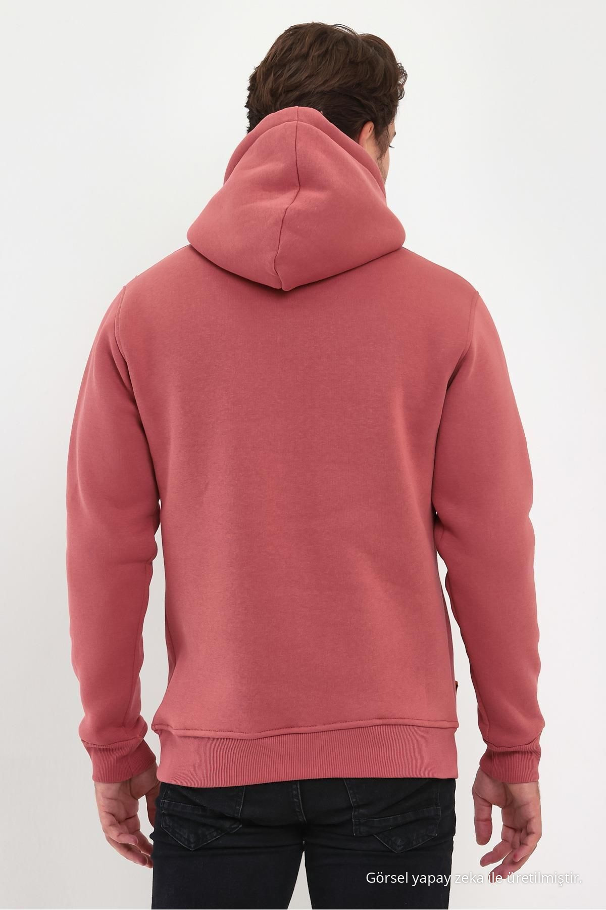 Erkek Gül Renk Standart Fit Normal Kesim İçi Polarlı Kapüşonlu Kanguru Cepli Pamuklu Sweatshirt 7