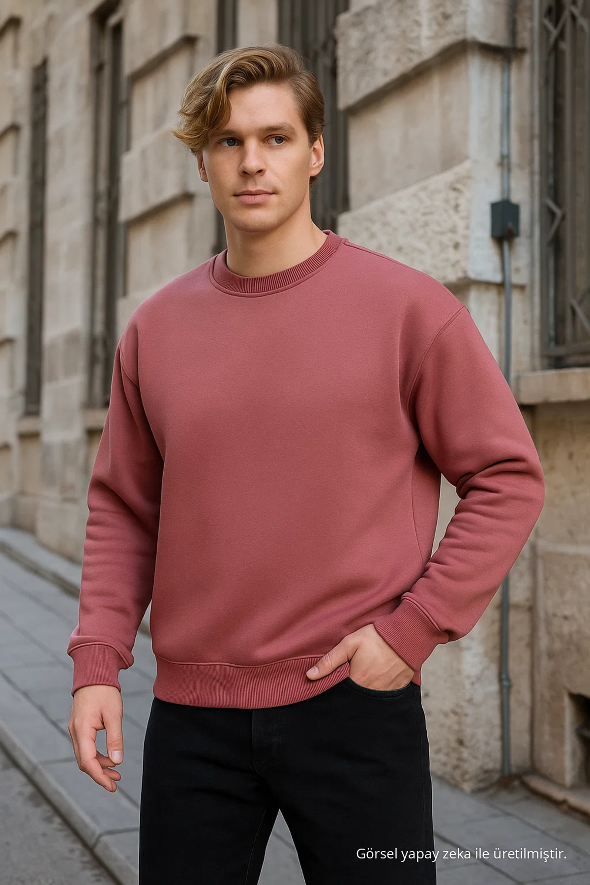Erkek Bisiklet Yaka Salaş Basic Sweatshirt GÜL 3