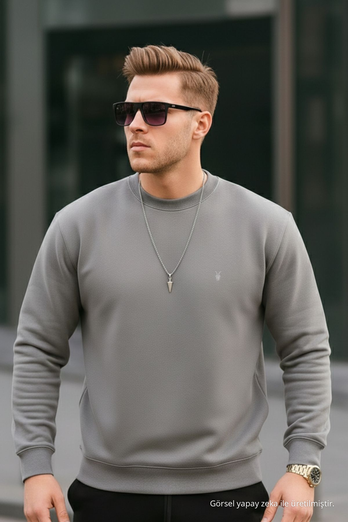 GRİ Renk Basic Bisiklet Yaka Relaxed Regular Erkek Sweatshirt 4