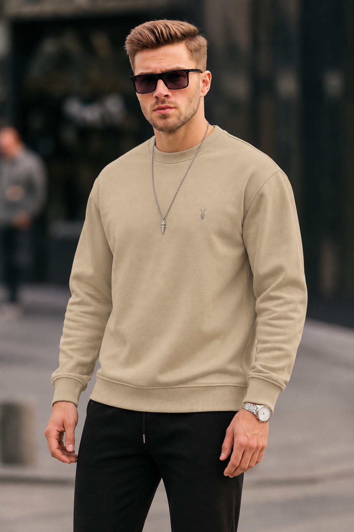 Erkek Bisiklet Yaka Relaxed Bejj Sweatshirt 5
