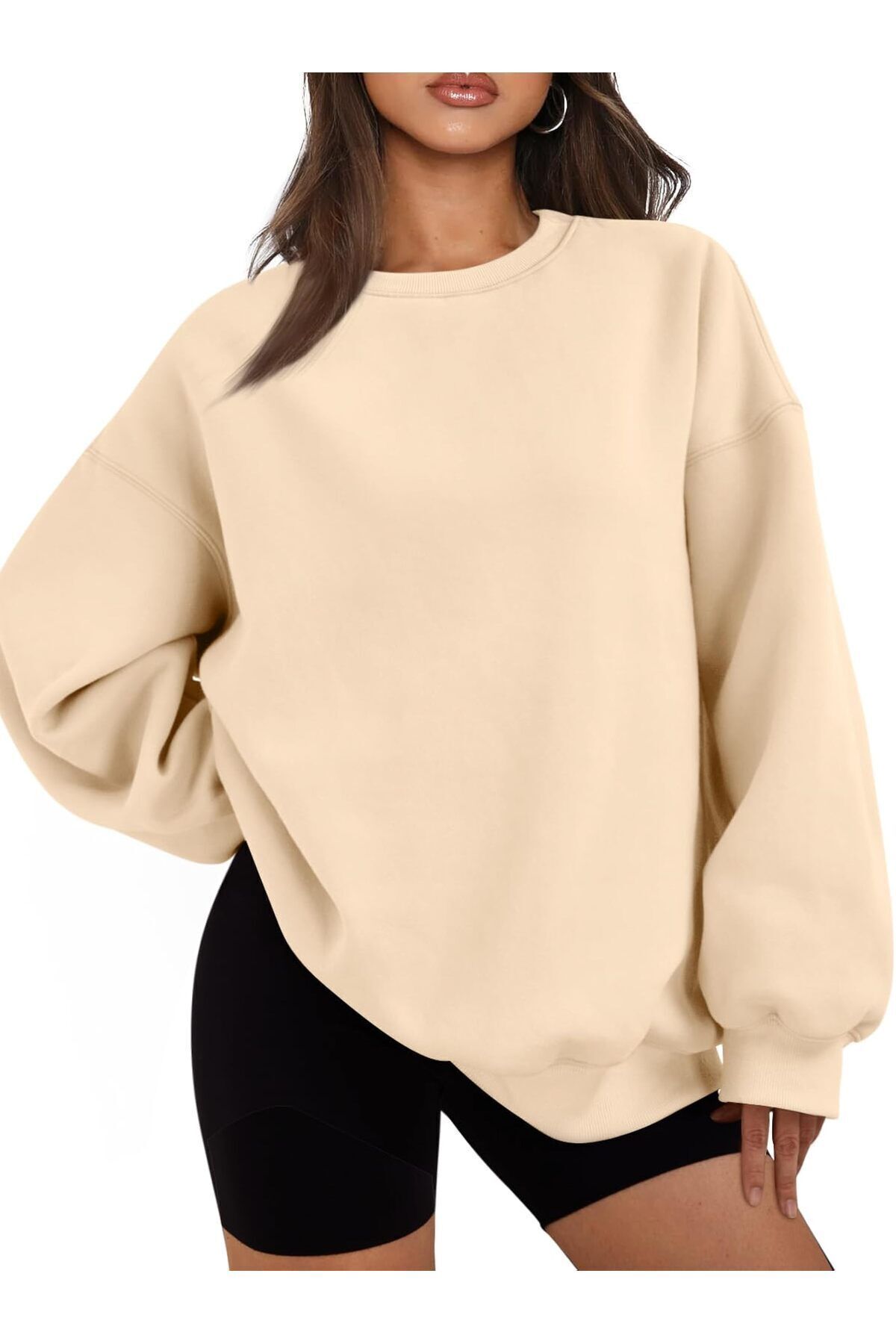Kadın Bisiklet Yaka Basic Oversize Sweatshirt BEJ 4