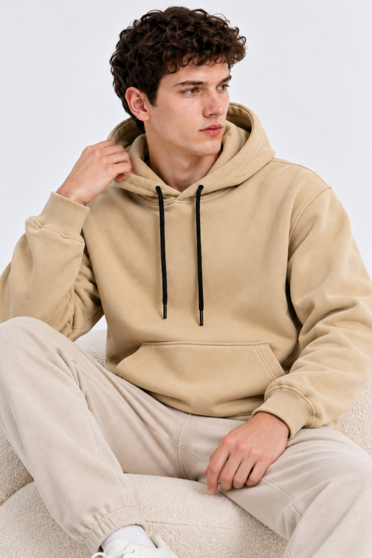 Erkek Bejj Kanguru Cep Kapşonlu Sweatshirt 6