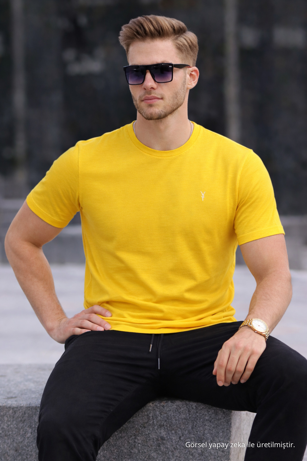 Erkek Bisiklet Yaka Slim Basic SARI Tişört 4