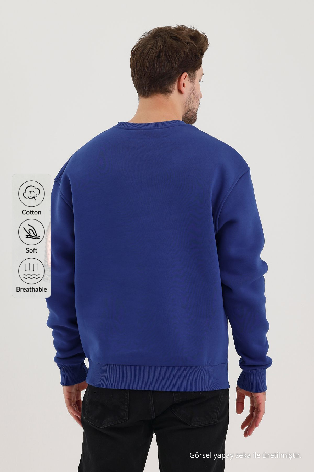 Erkek Bisiklet Yaka Salaş MAVİ Sweatshirt 4