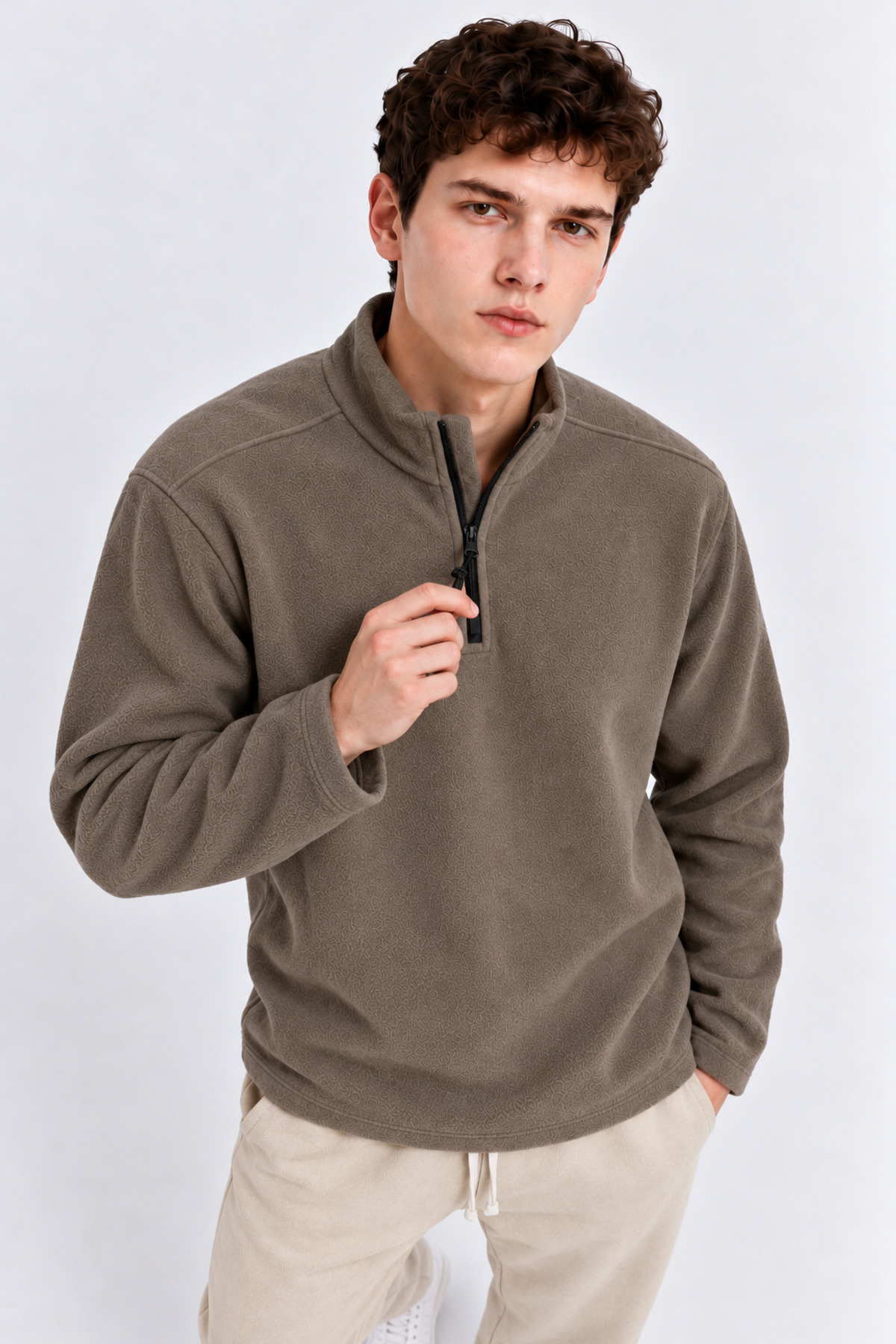 Erkek Yarım Fermuarlı Bol HAKİ Sweatshirt 4