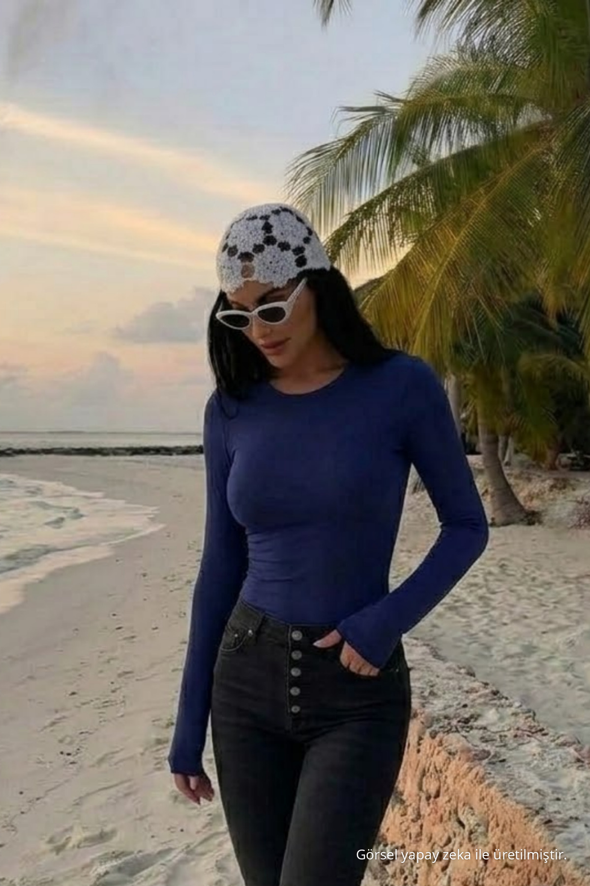Kadın Bisiklet Yaka Slim Fit Lacivert Bluz 3