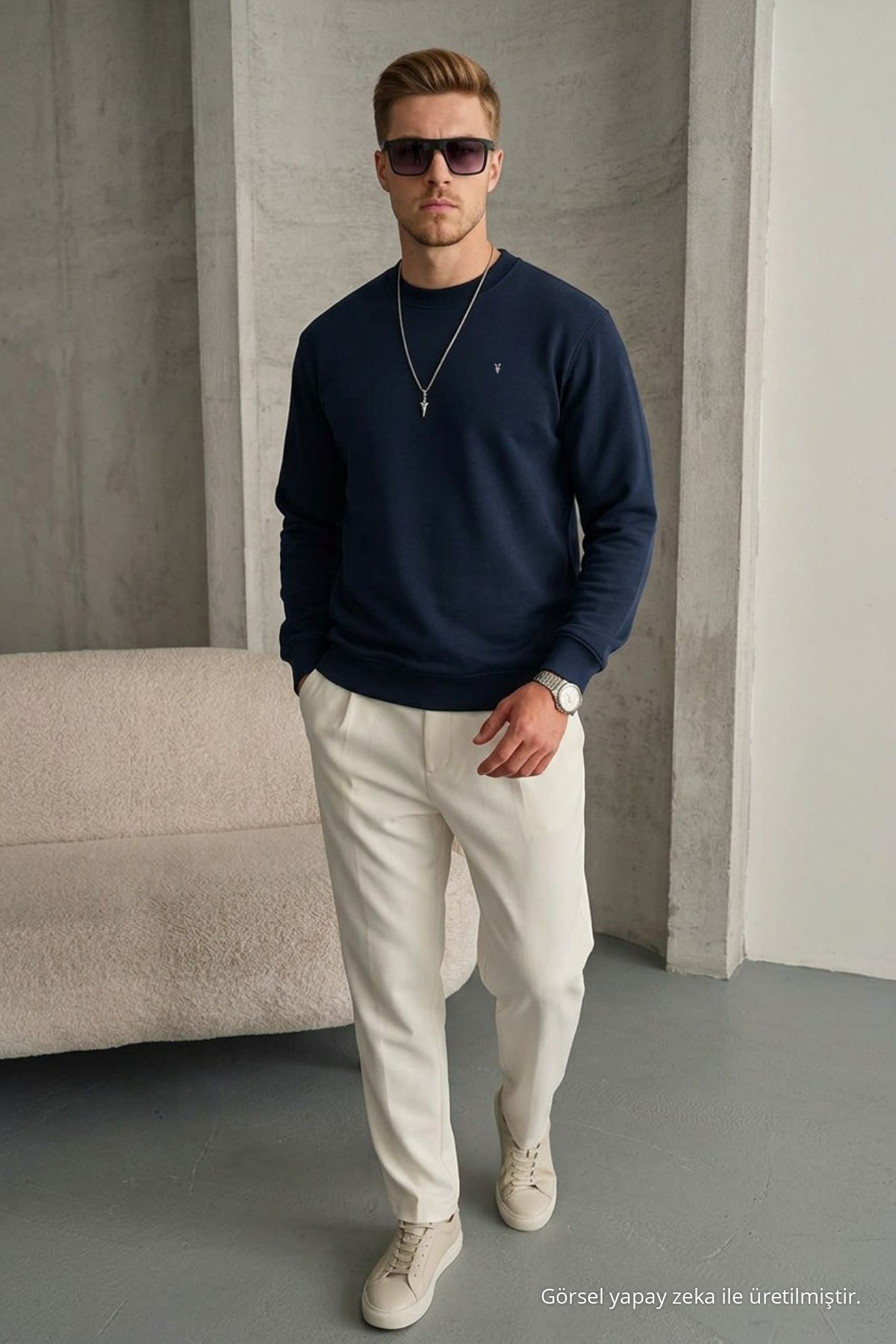 Erkek Loose Dokulu Flare LACİVERT Sweatshirt 3