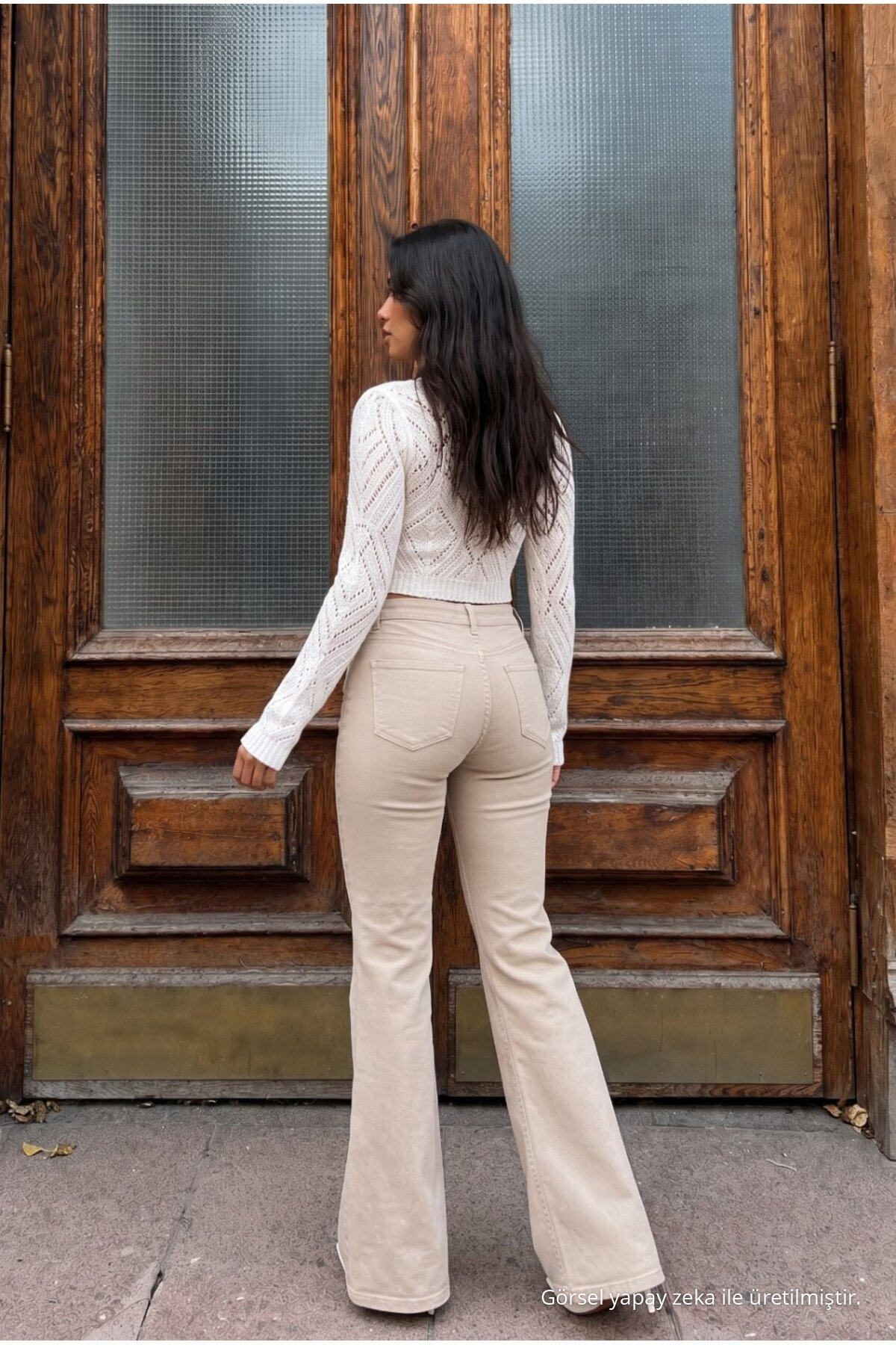 Yüksek Bel Esnek/Likralı Çan Paça Jeans Bej 7