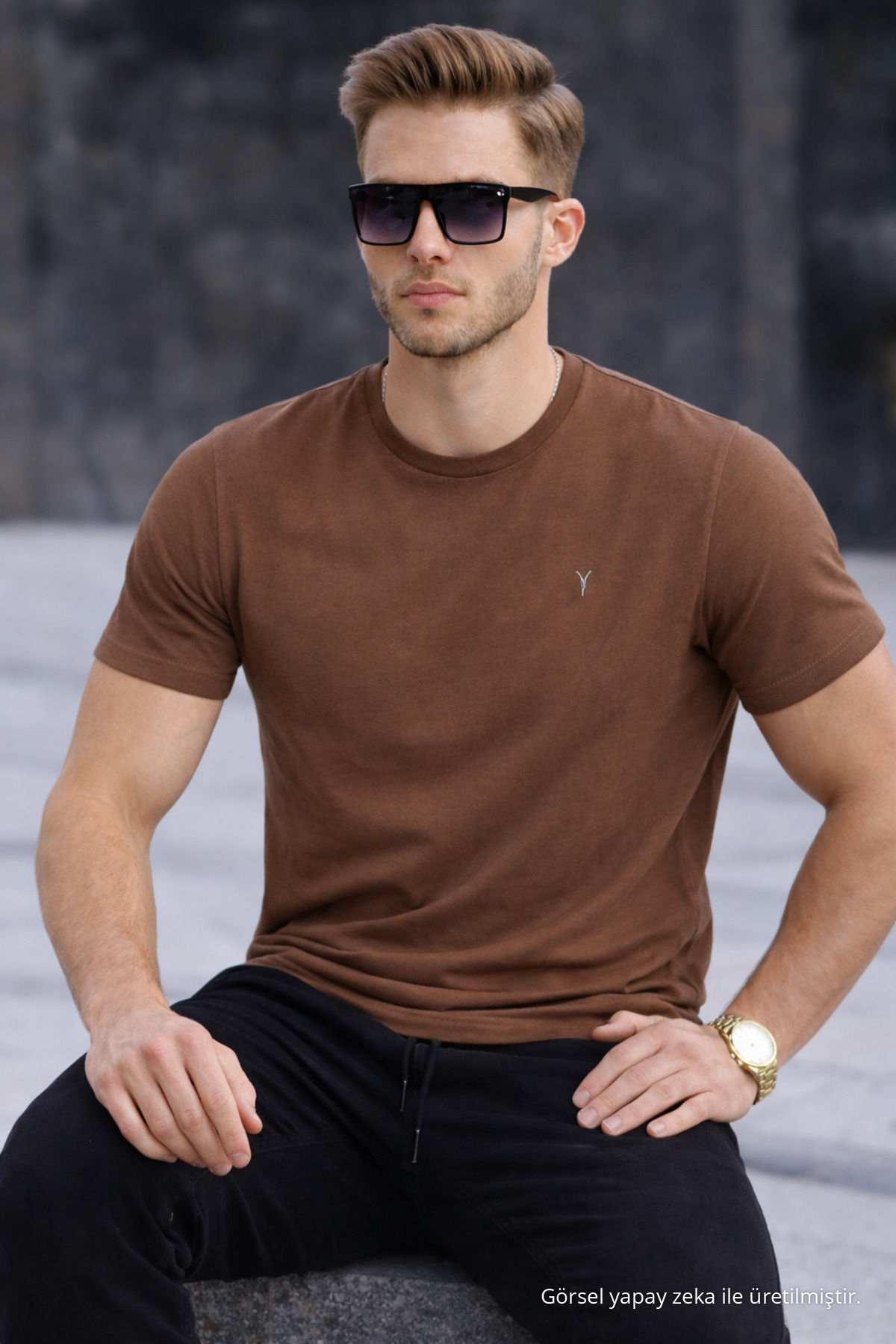 Erkek Bisiklet Yaka Slim Basic Kahverengi Tişört 4