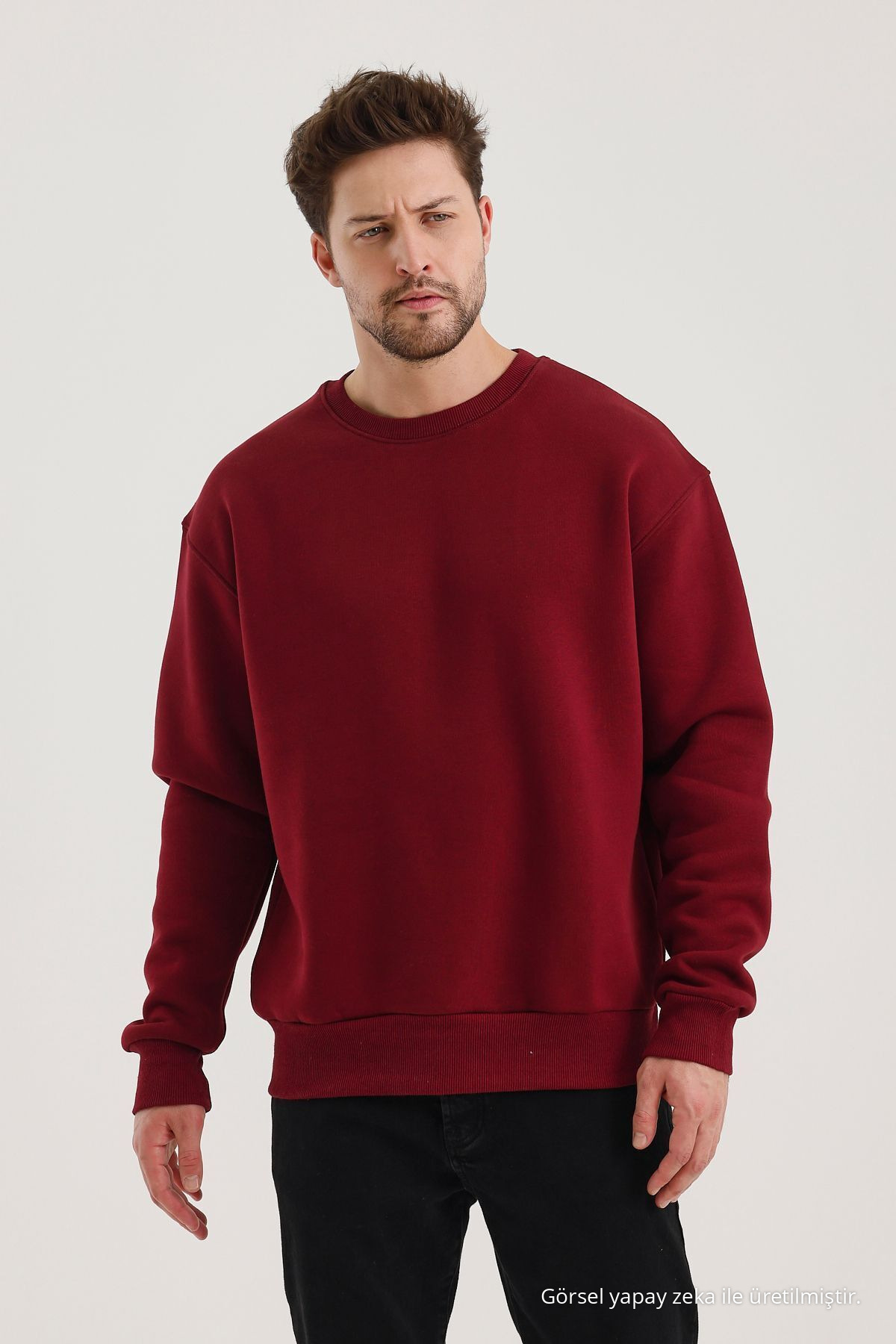 Bordo Bisiklet Yaka Oversize Şardonlu Basic Erkek Sweatshirt 3
