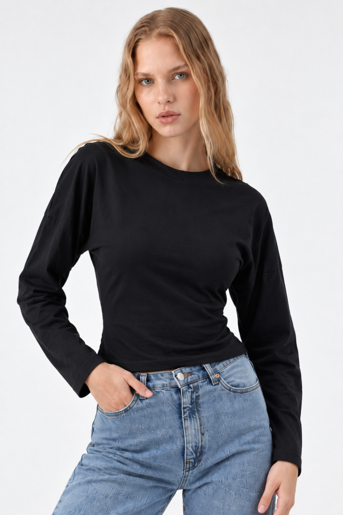 Siyah Bisiklet Yaka Uzun Kollu Crop Bluz 4