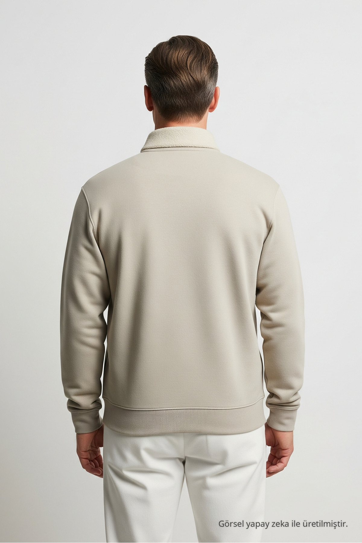 Erkek Basic Krem Yarım Fermuarlı Sweatshirt 4