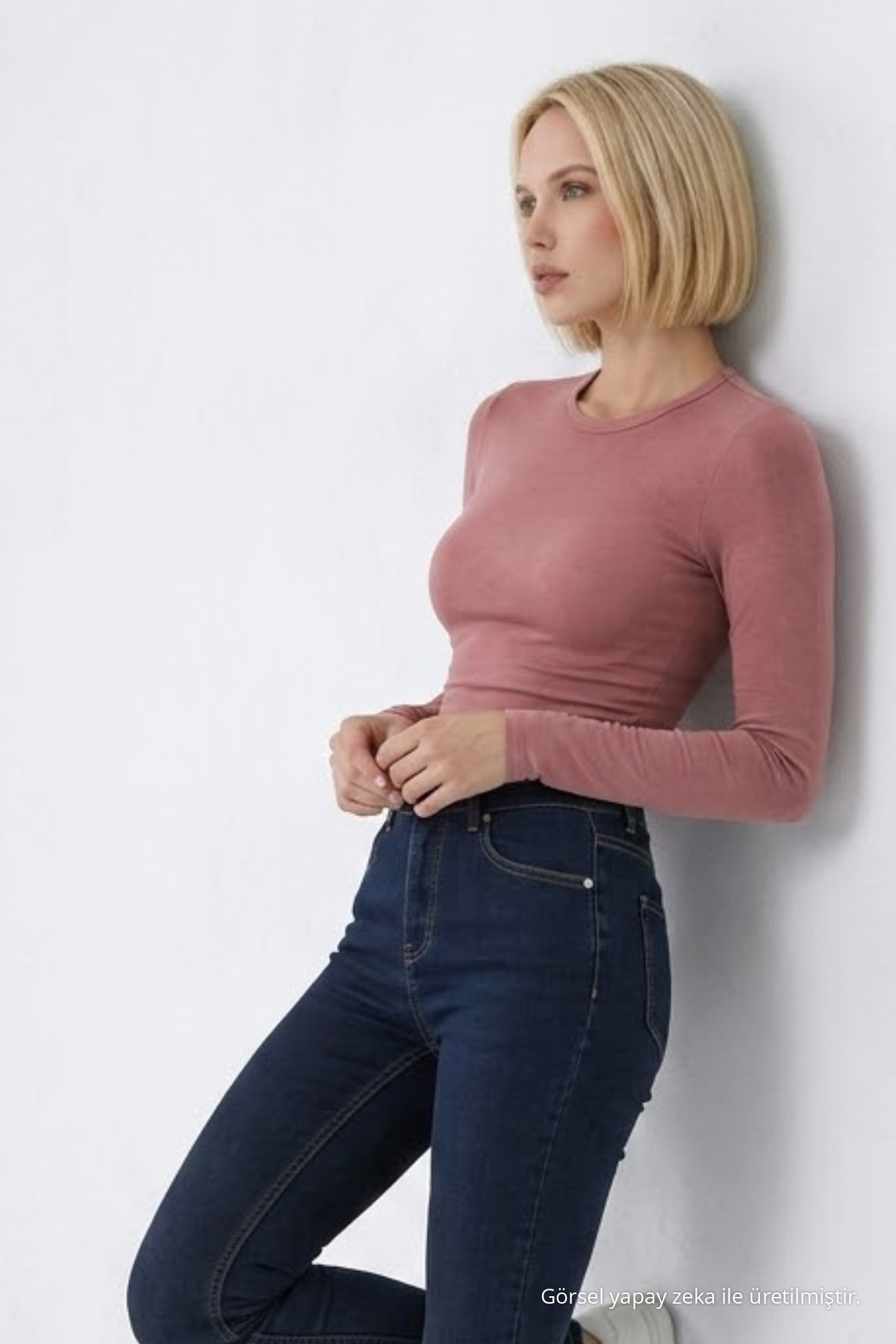 Kadın Günlük Fashion Dar Pudra Tişört 4