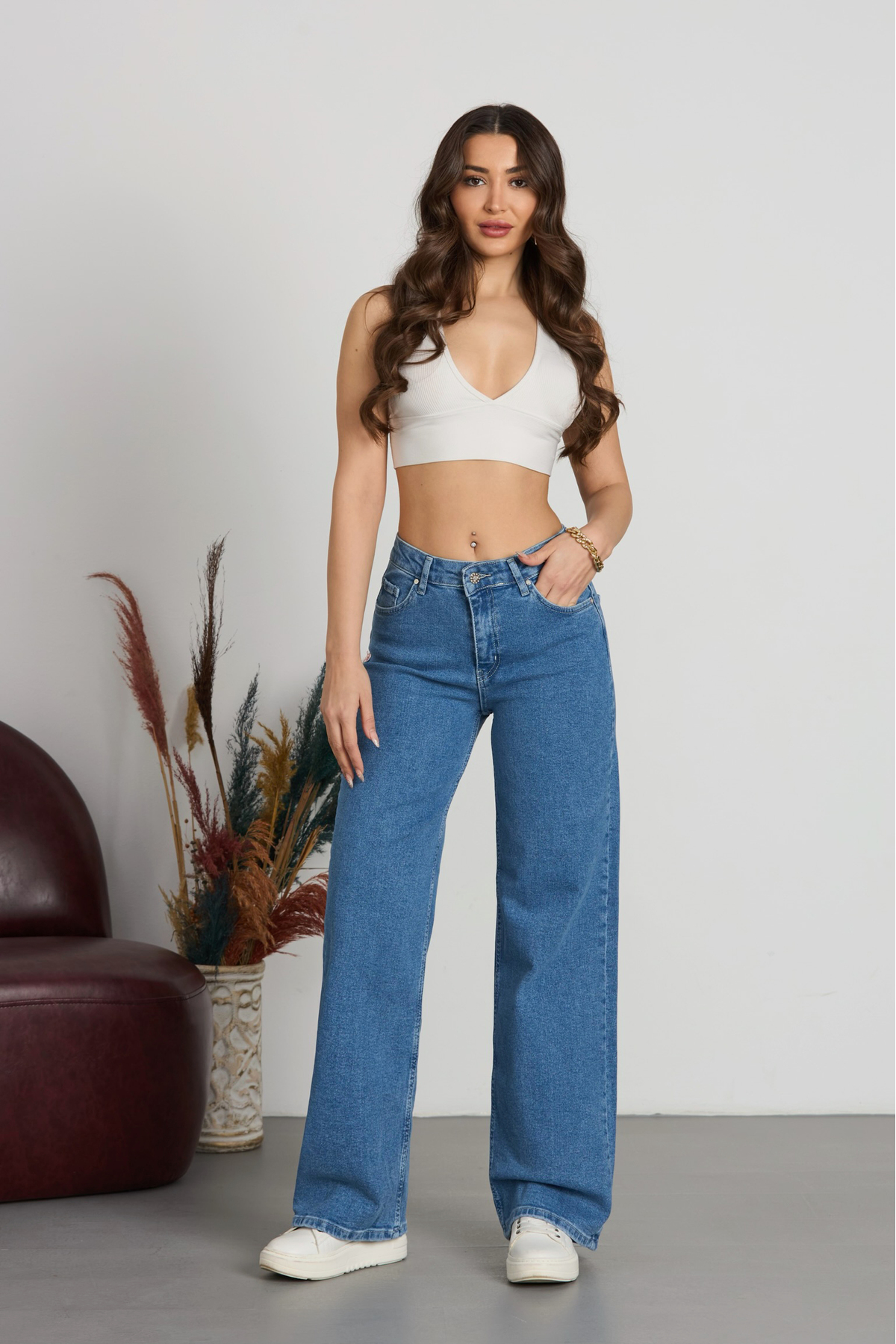 Kadın 90's Esnek Wide Leg Salaş Palazzo Kot Pantolon Mavi 6