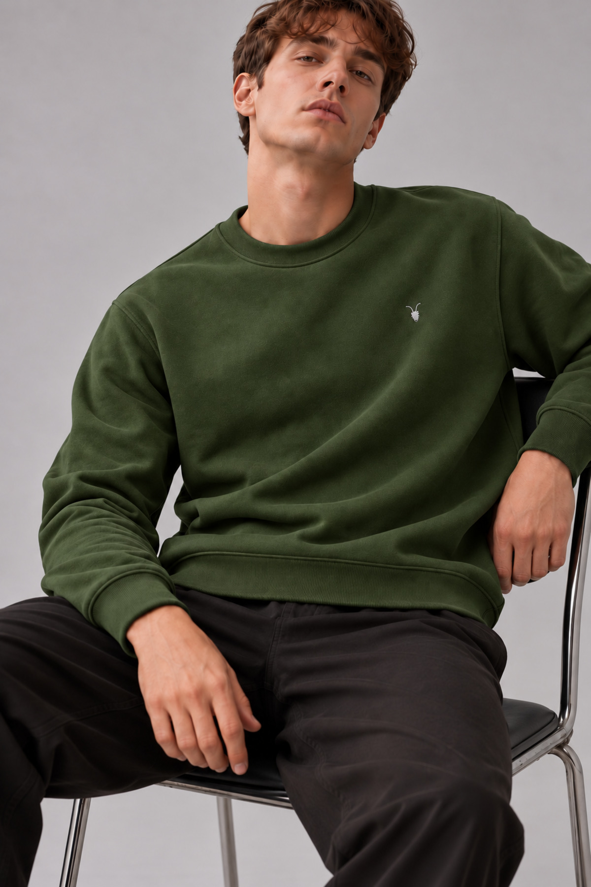 Haki Renk Basic Bisiklet Yaka Relaxed Regular Erkek Sweatshirt - HAKİ 3