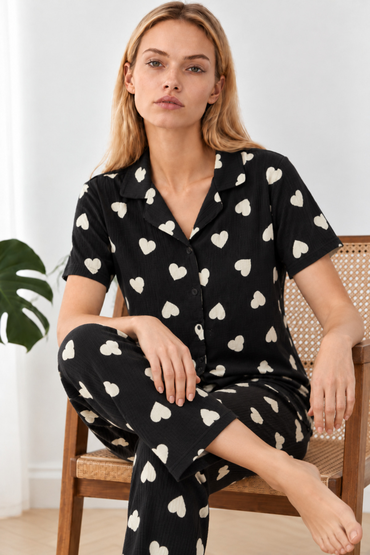 Kadın Kalpli Kısa Kollu Siyah Pijama Takımı 4825 3