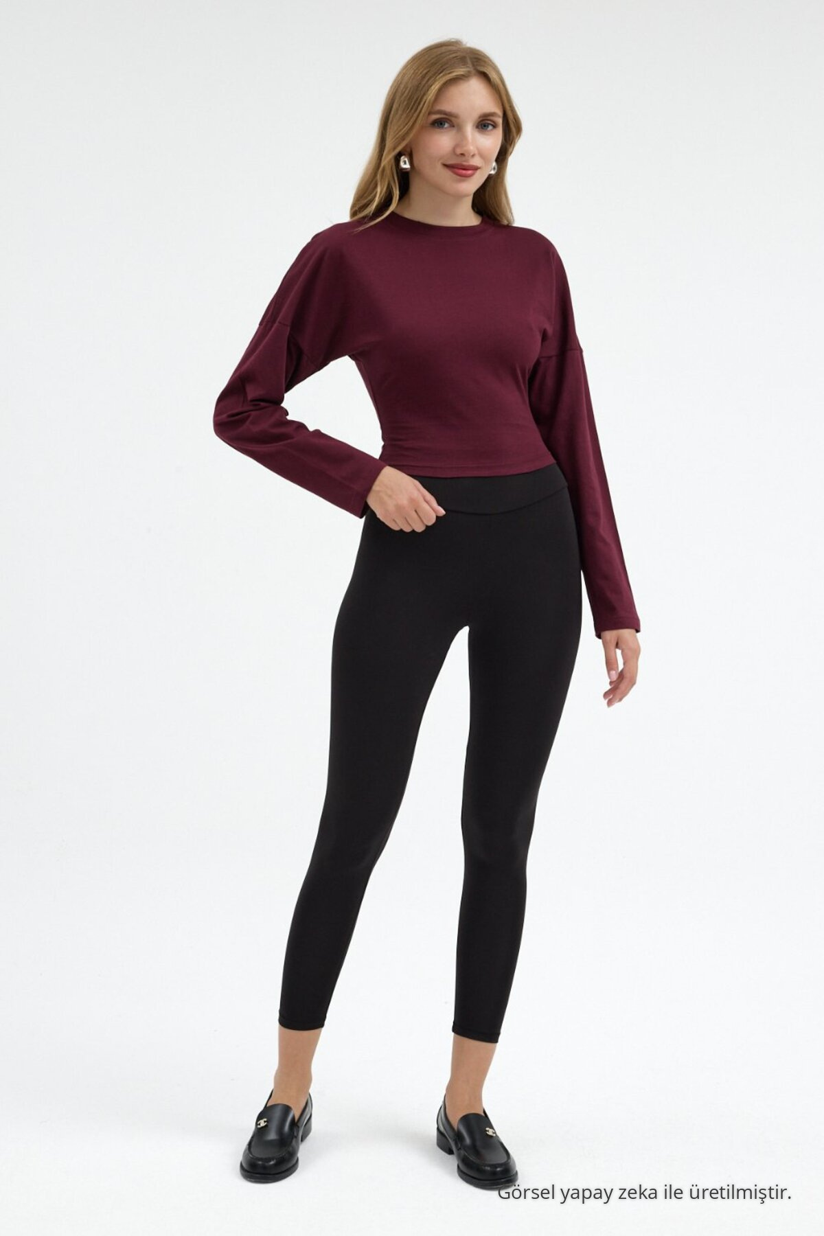 Kadın Uzun Kol Bele Oturan Bordo Crop Bluz 6