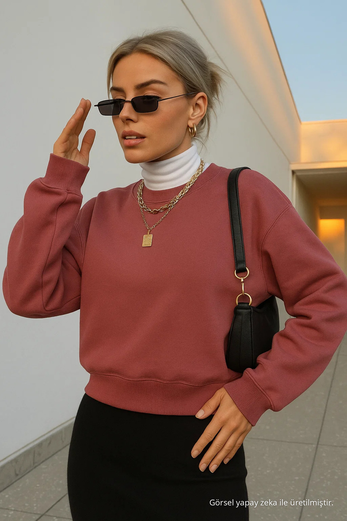 Kadın Basic Oversize Gül Kurusu Sweatshirt 5