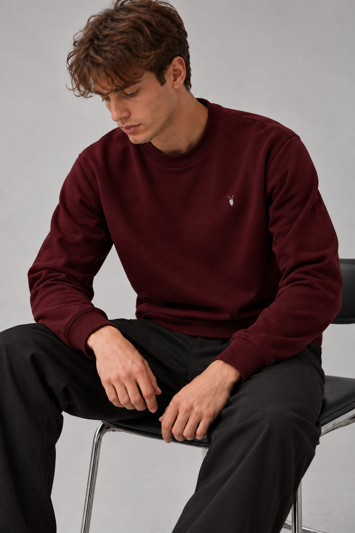 Bordo Renk Basic Bisiklet Yaka Relaxed Regular Fit Erkek Sweatshirt 5