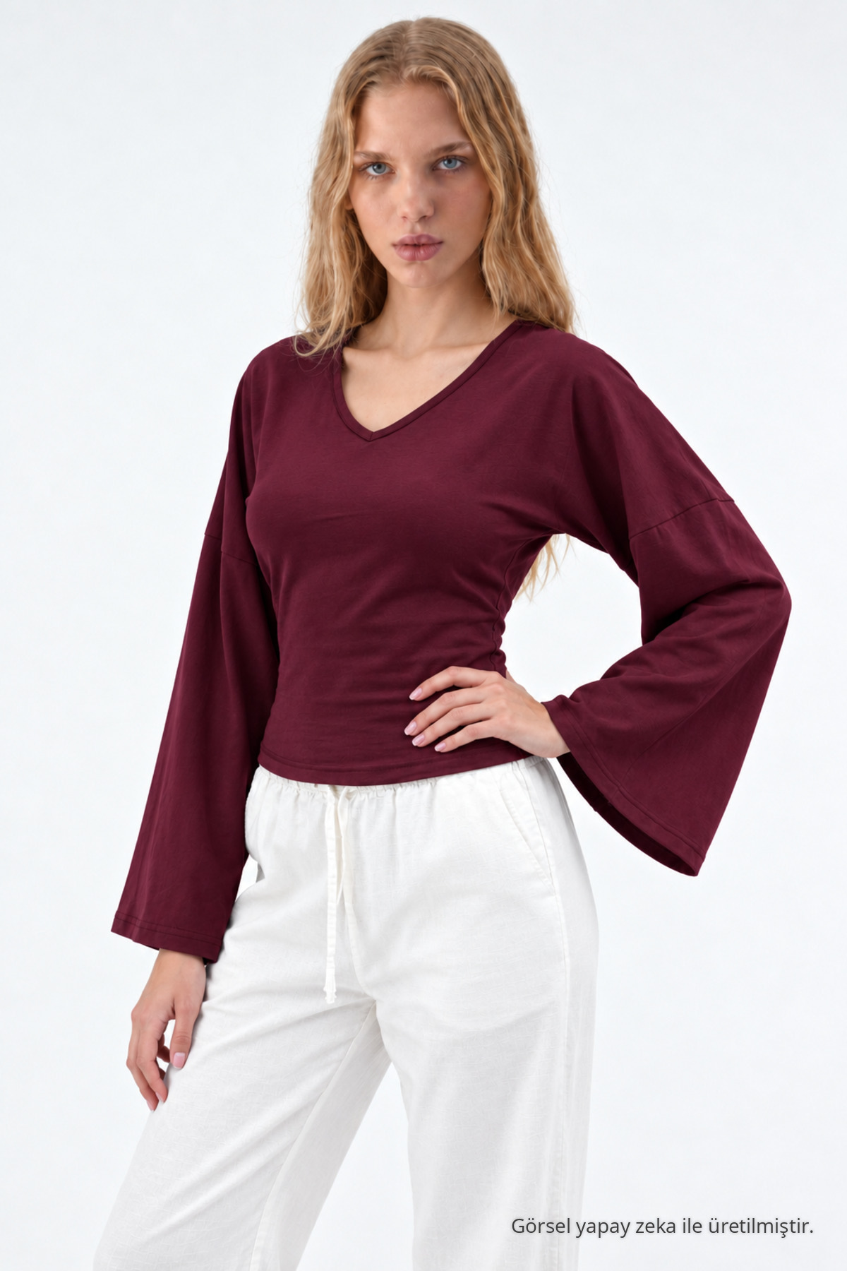 Kadın Reglan Kol Dokulu Crop Bordo Bluz 4