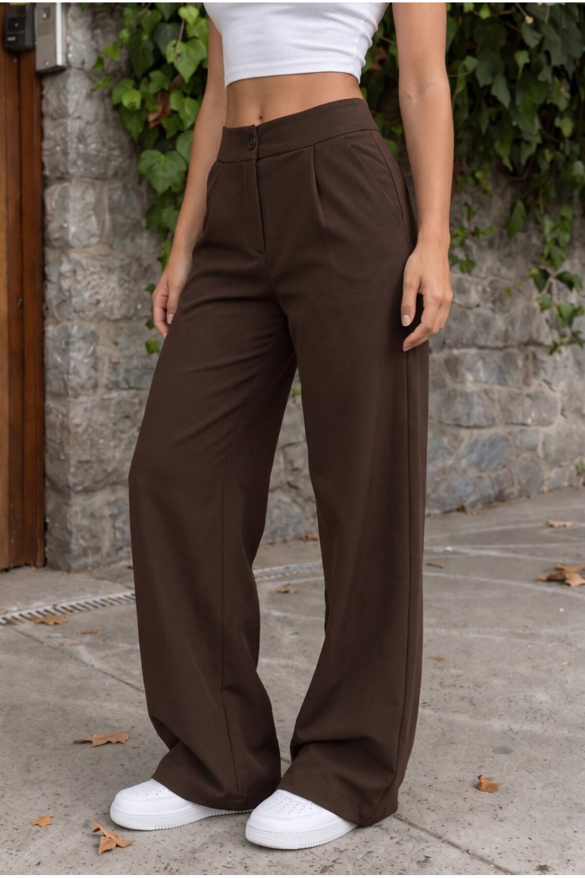 Yüksek Bel Wide Leg Bol Paça Düğmeli Kumaş Pantolon KAHVE 4