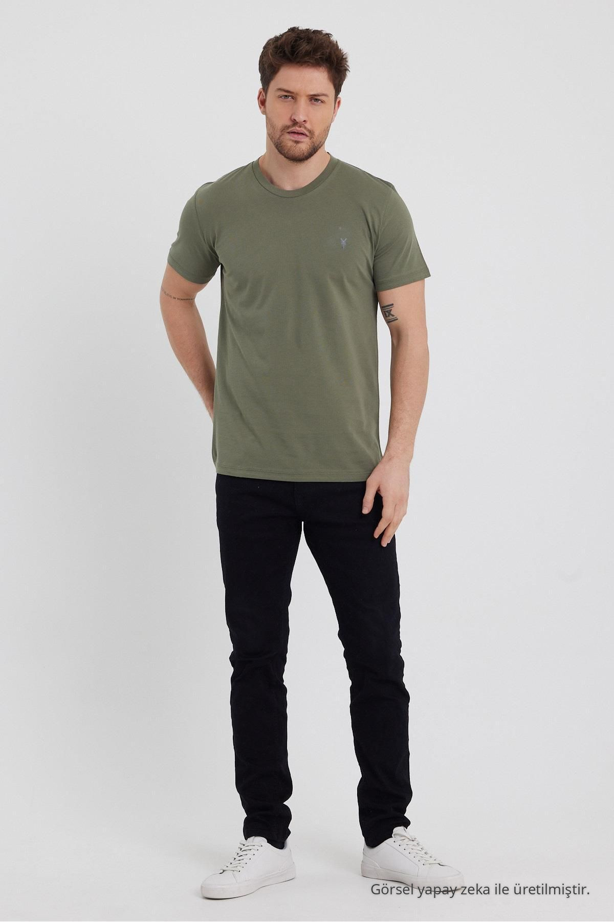 Haki Pudra HAKİ-PUDRA-BORDO 3-lü Basic Bisiklet Yaka T-shirt 4