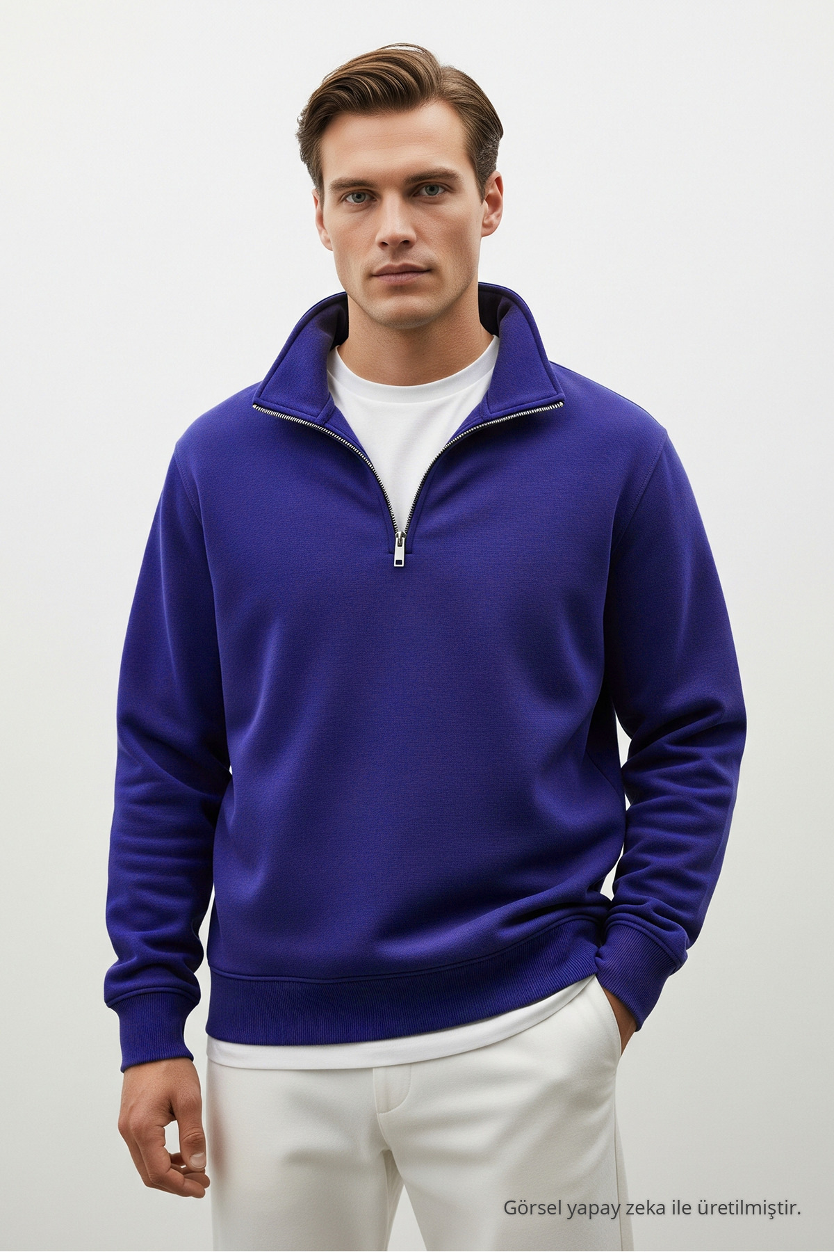 Erkek Basic Yarım Fermuarlı 3 Lü Sweatshirt Krem 3