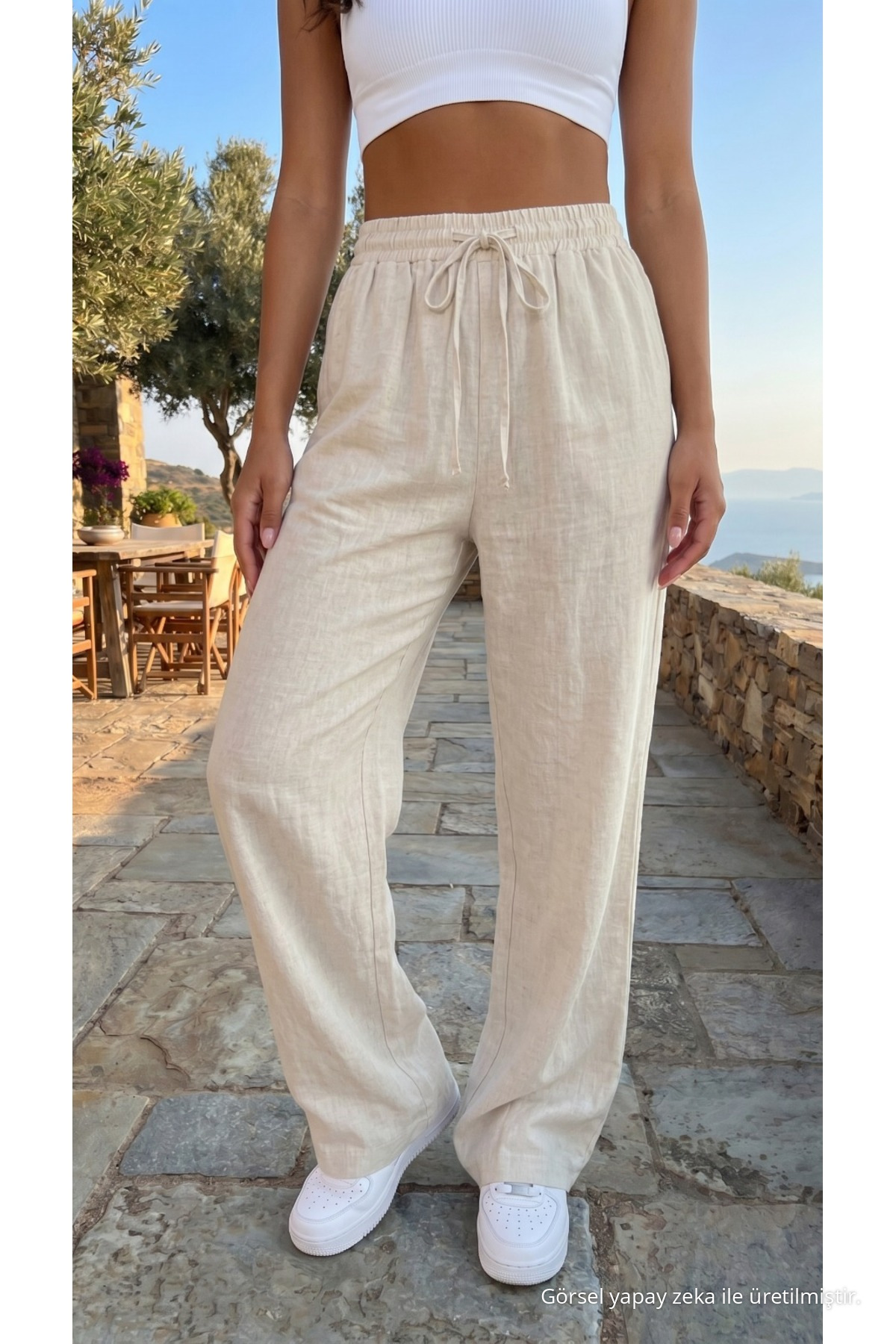 Kadın Keten Karışımlı Beli Lastikli Bol Kesim Pantolon Ekru 3