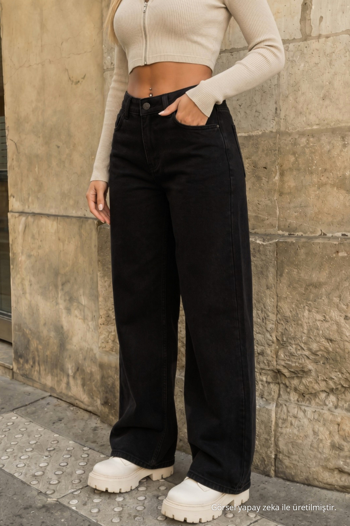 Siyah Yüksek Bel Wide Leg Bol Paça Palazzo Kot Pantolon 3
