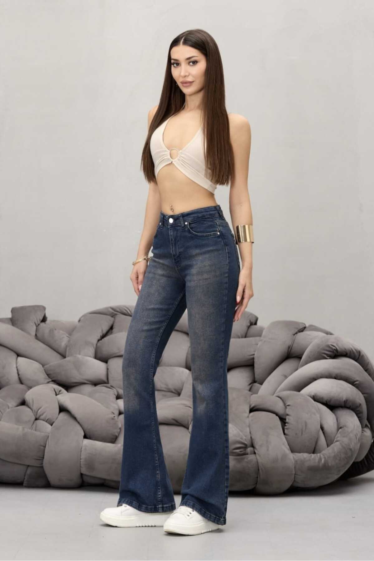 Kadın Yüksek Bel Esnek Ispanyol Paça Jeans koyu lacivert 6