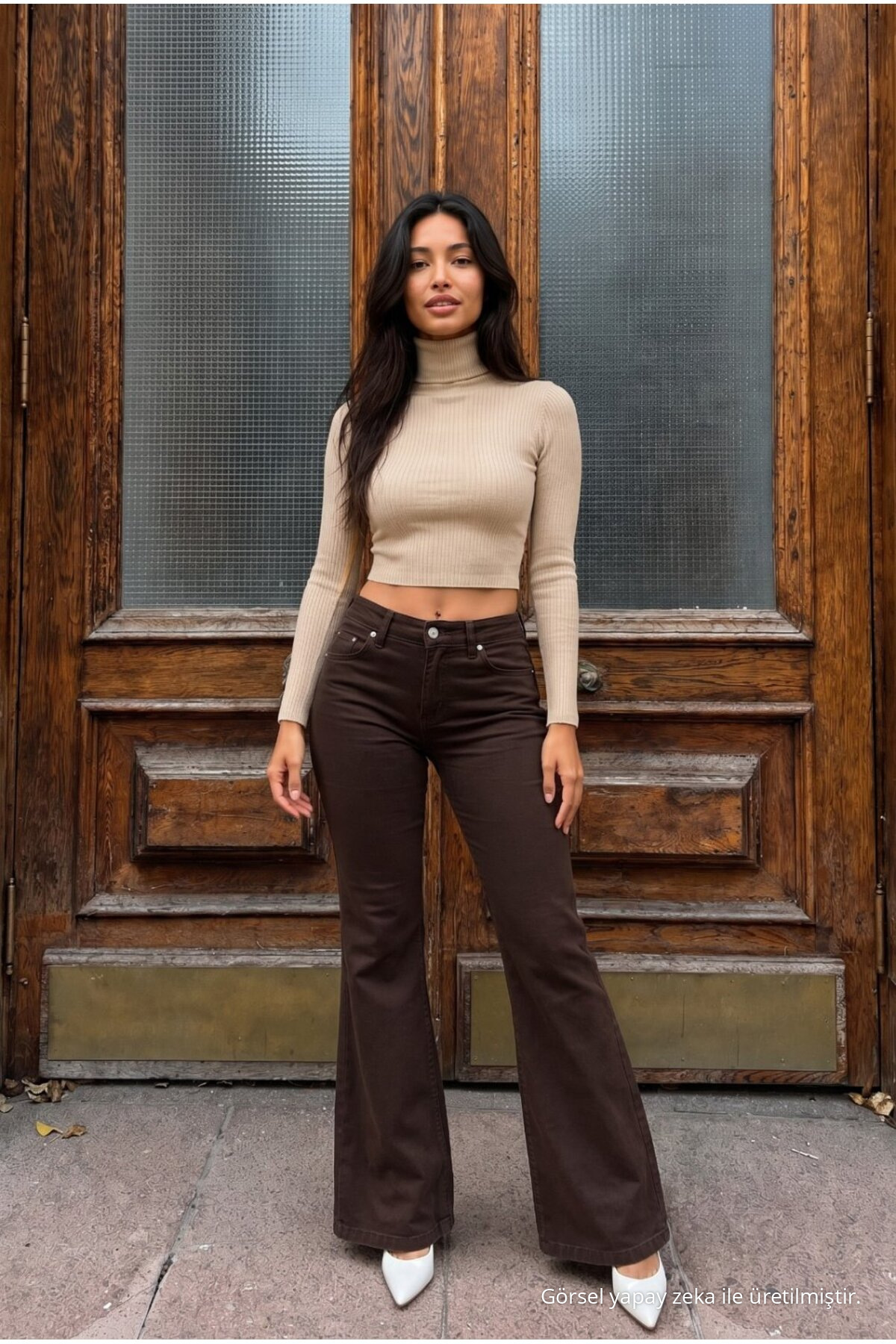 Yüksek Bel Esnek/Likralı Çan Paça Jeans Kahverengi 6