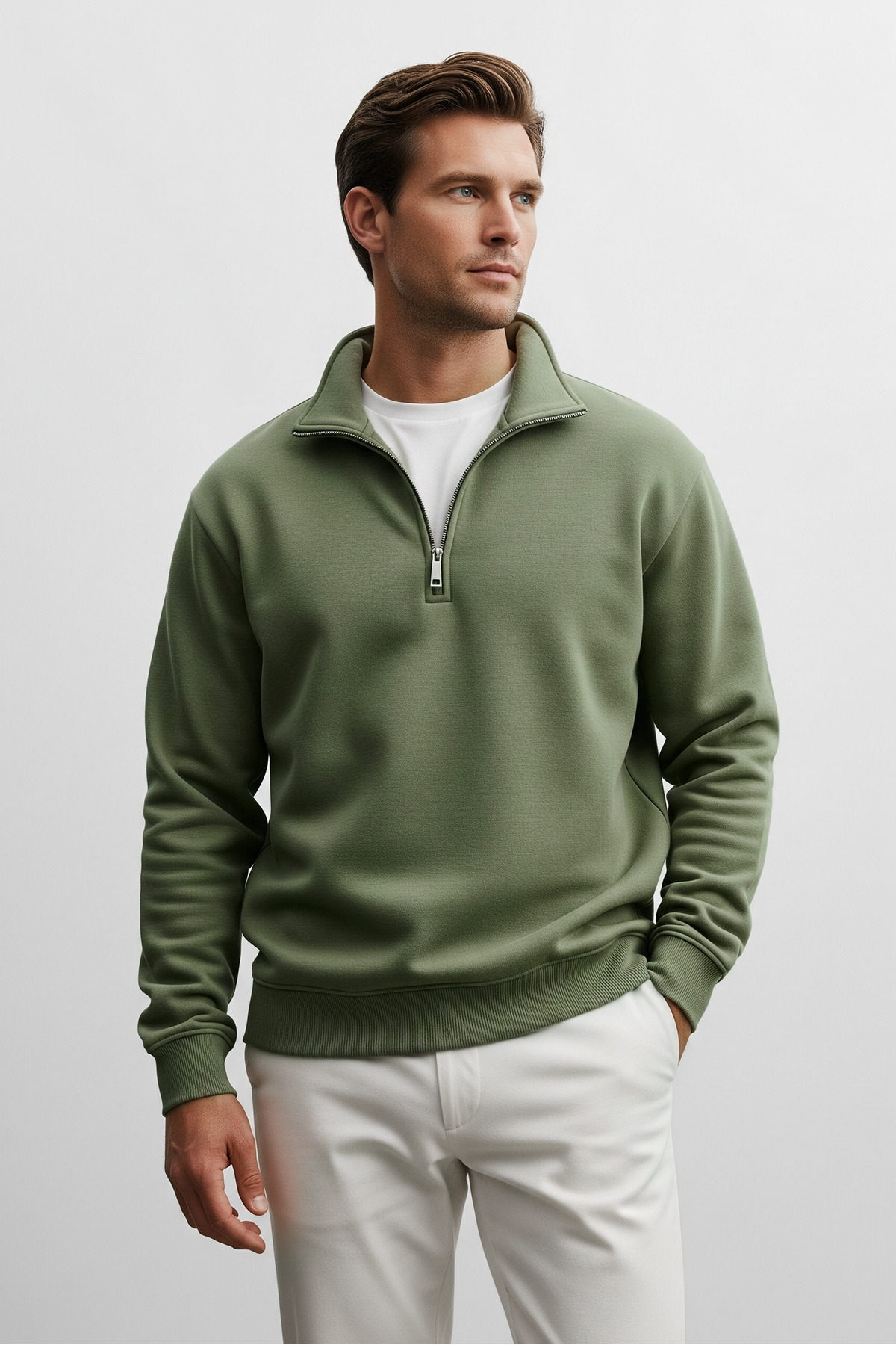 Erkek Yarım Fermuarlı Salaş YEŞİL Sweatshirt 4