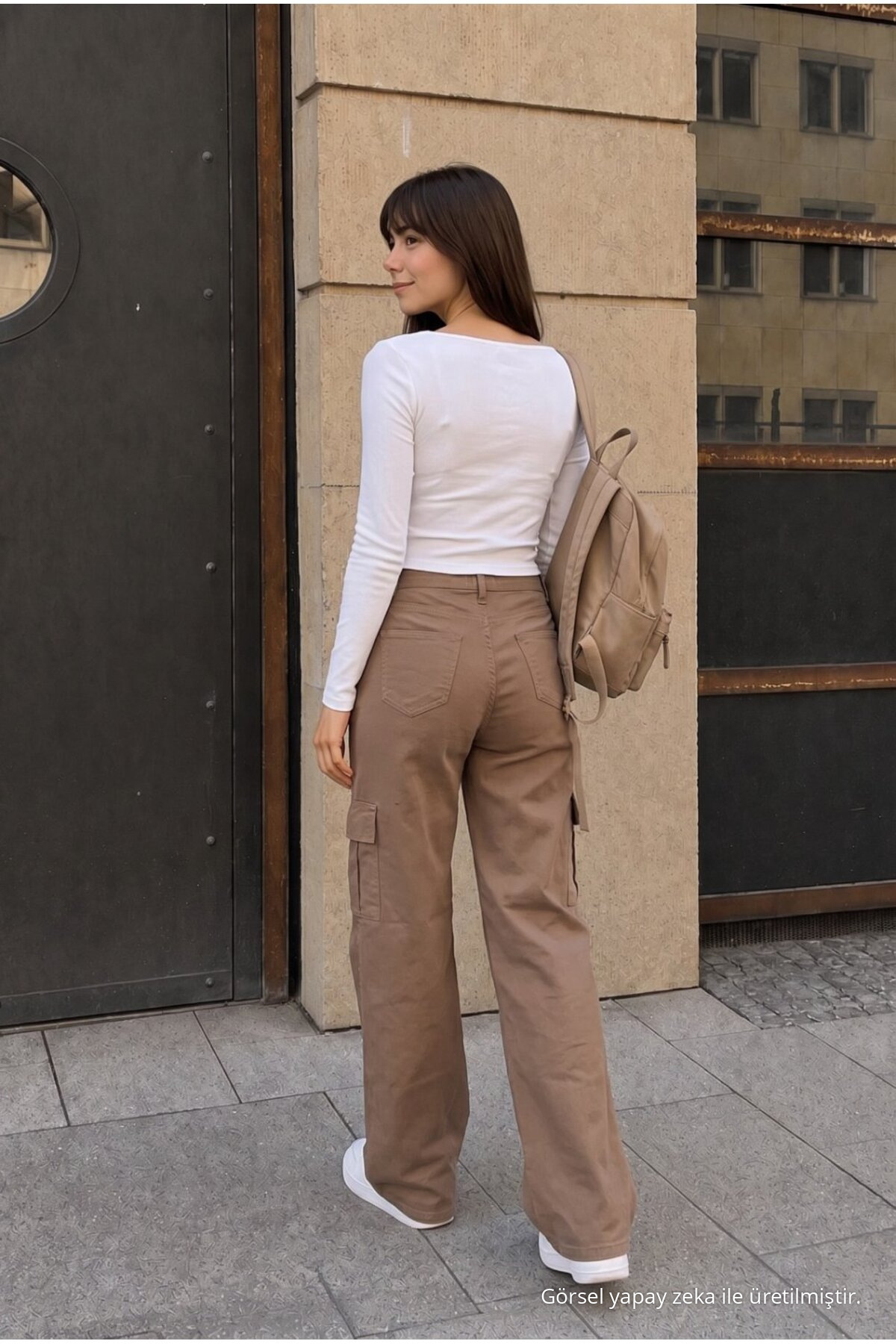 Kargo Cepli Likralı Yüksek Bel Wide Leg Okul Pantolonu vizon 5