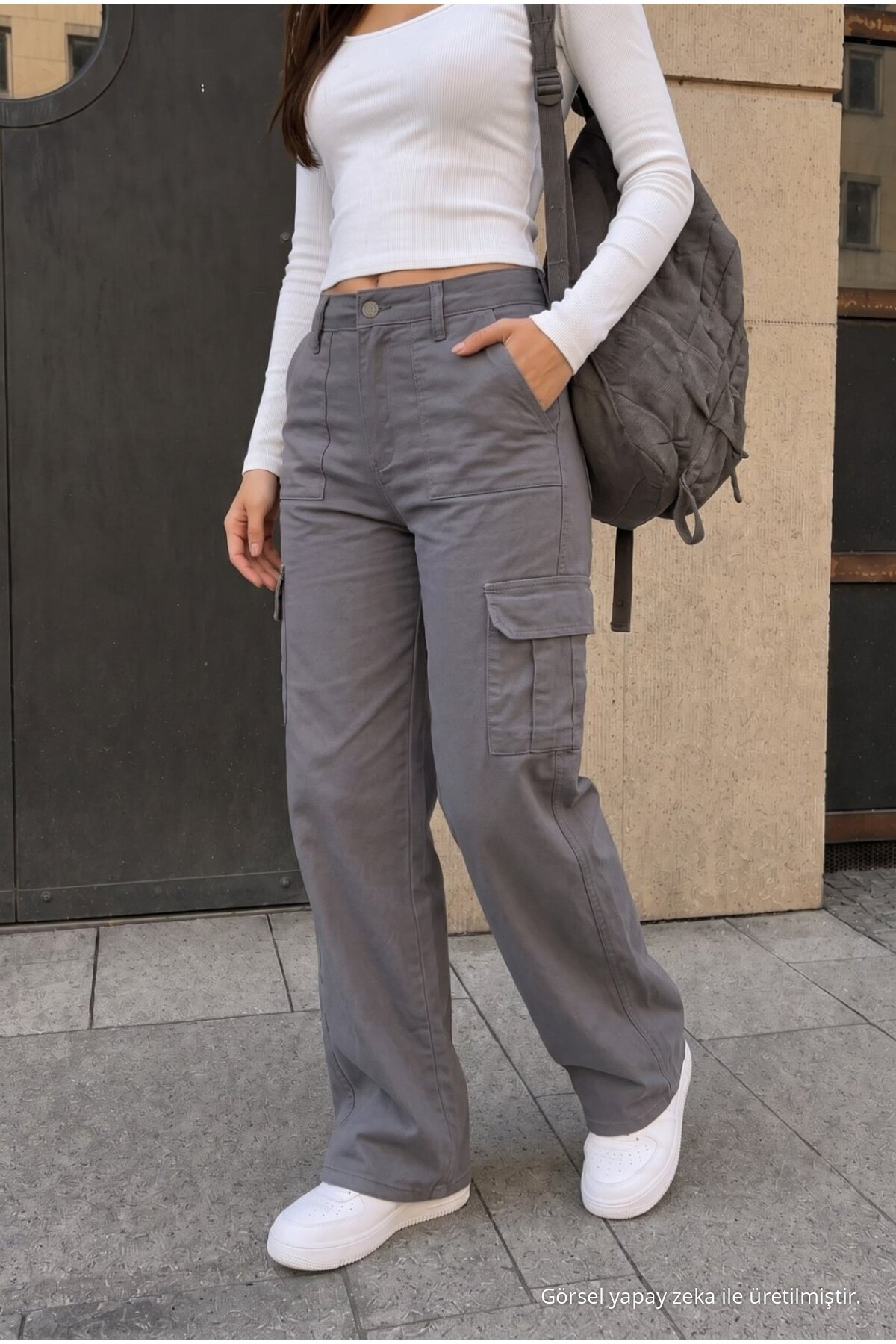 Kargo Cepli Likralı Yüksek Bel Wide Leg Okul Pantolonu gri 4