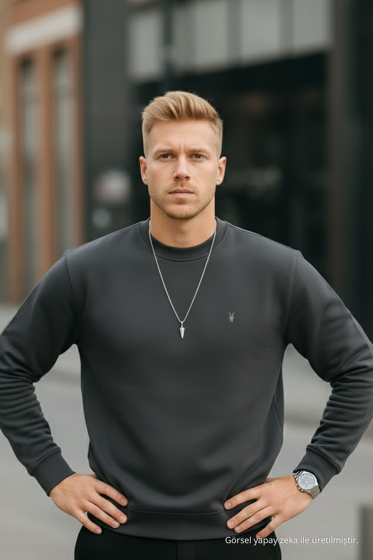 Füme Renk Basic Bisiklet Yaka Relaxed Regular Erkek Sweatshirt 3