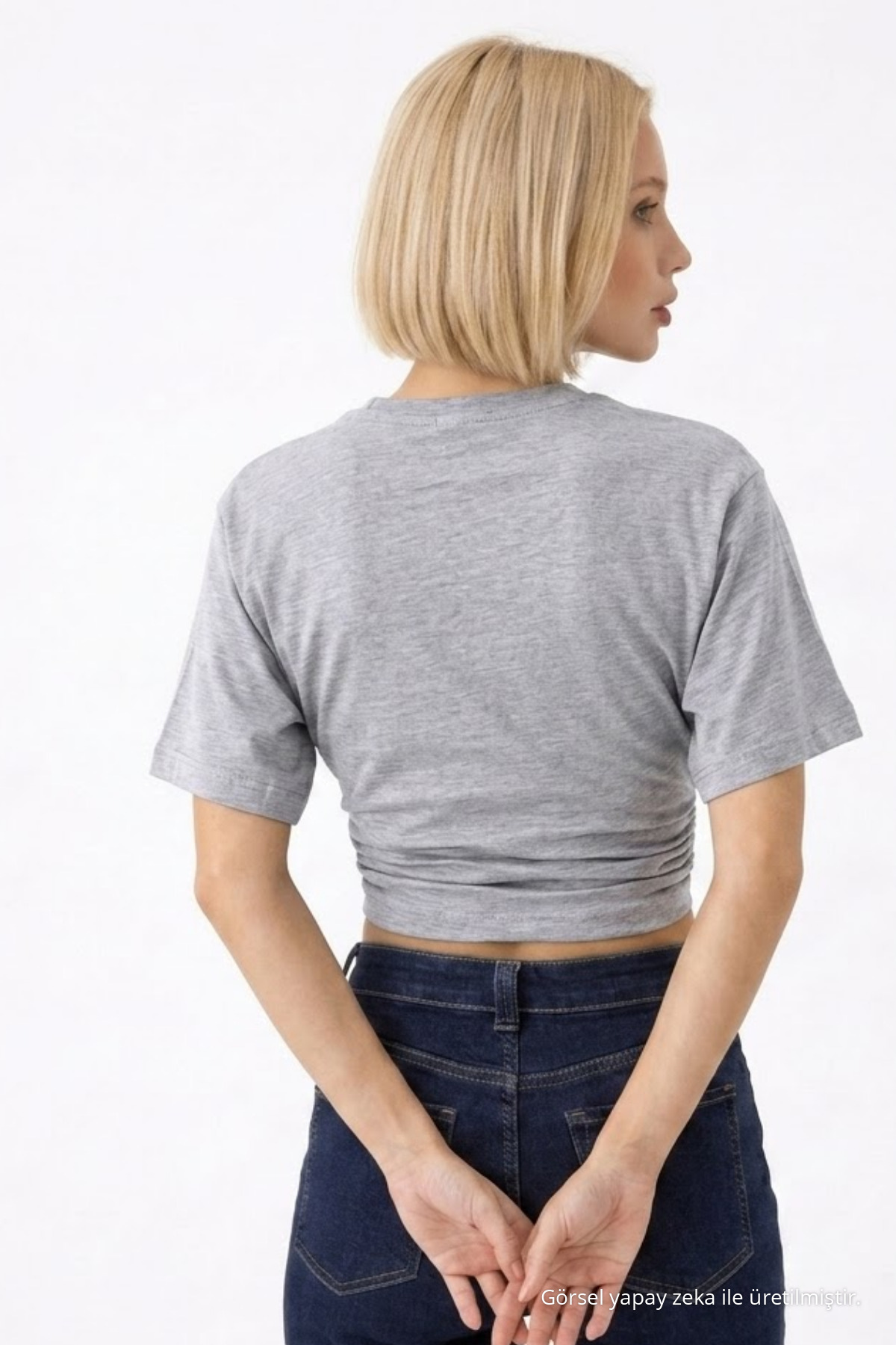 Kadın Fashion Slim Fit Gri Crop Tişört 6