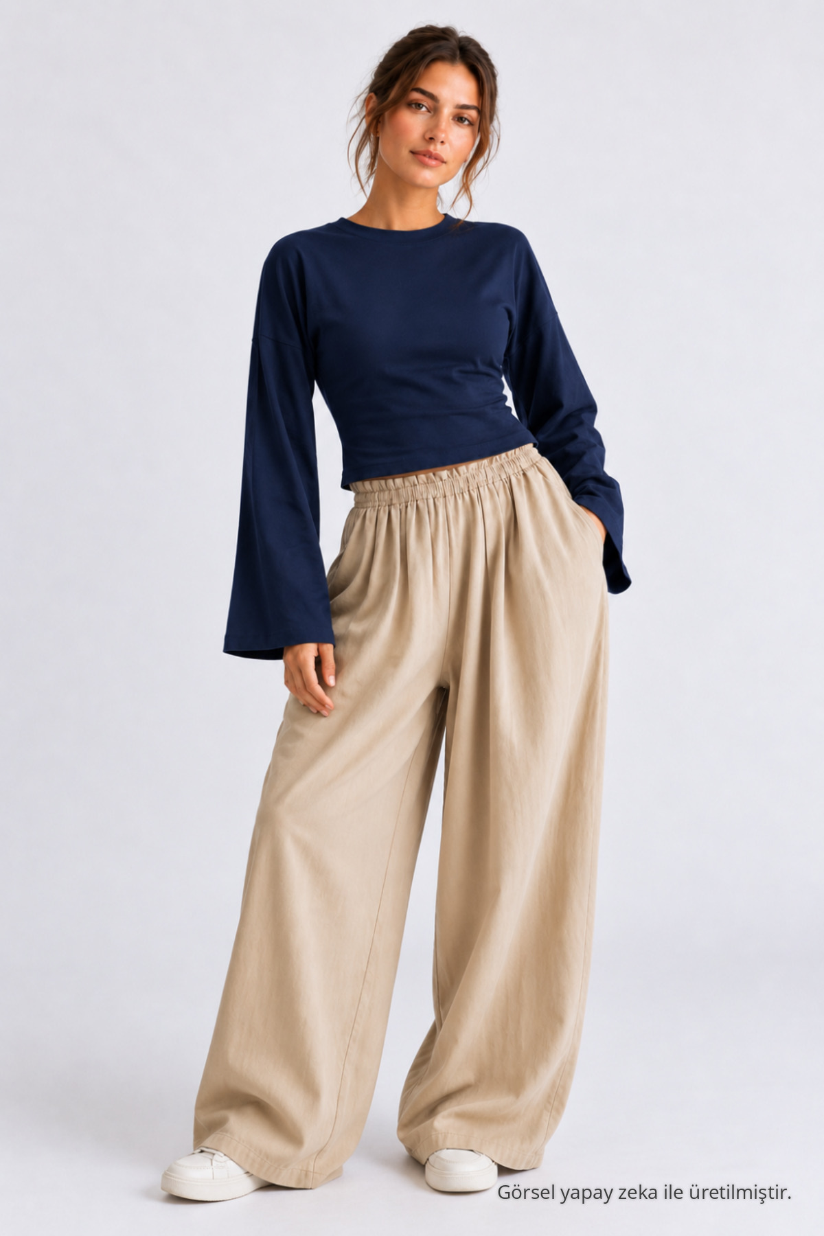 Kadın Basic Geniş Kol 3 Lü Crop Bluz Kahve 5
