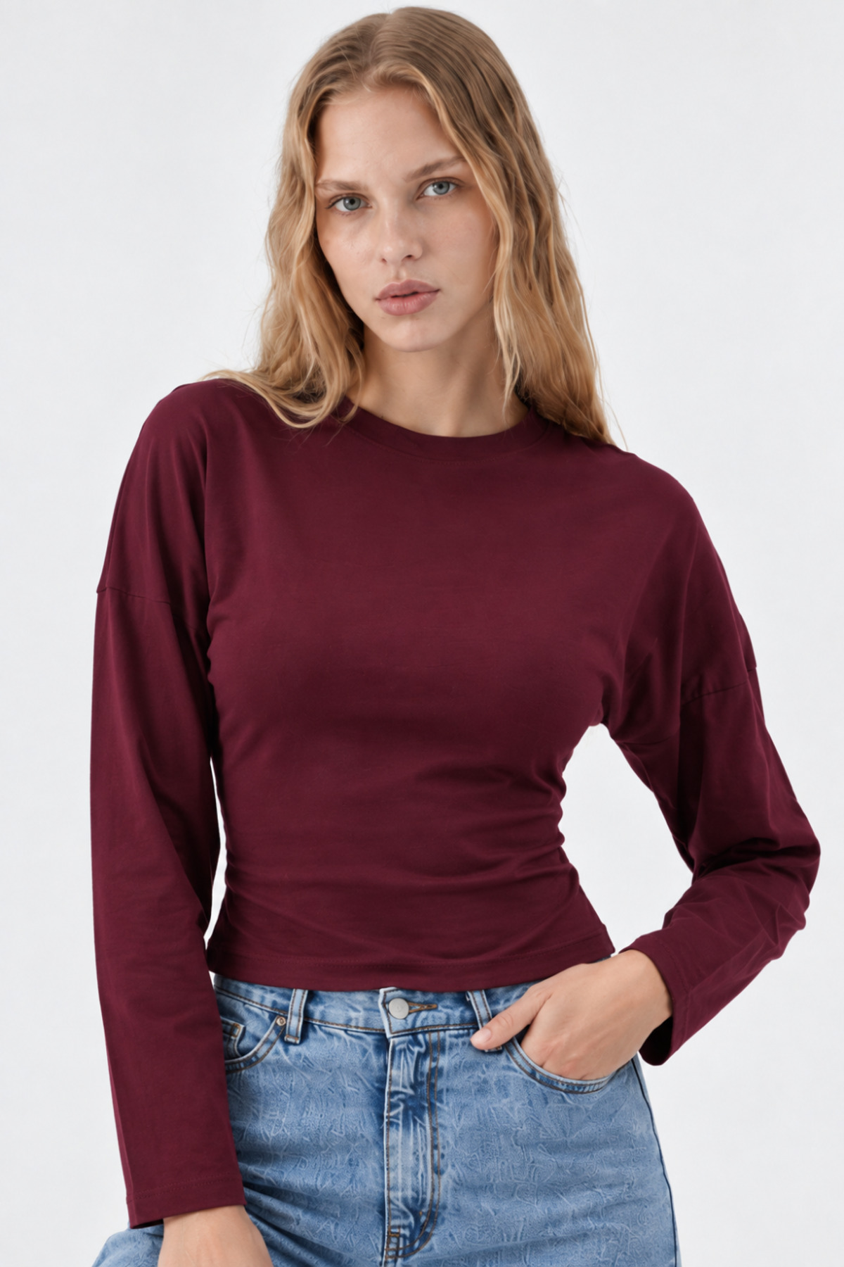 Bordo Bisiklet Yaka Uzun Kollu Crop Bluz 4