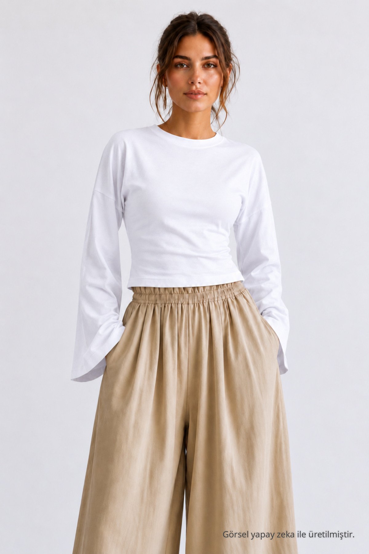 Kadın Basic Geniş Kol 3 Lü Crop Bluz Füme 4
