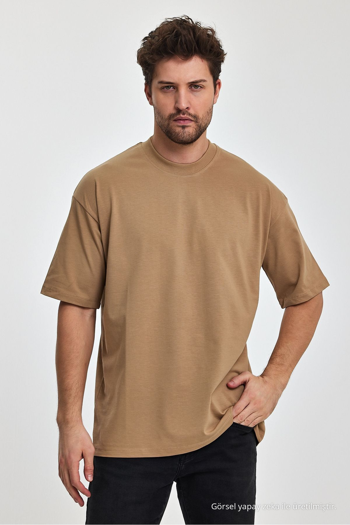 Erkek Oversize Fit Kalın Kumaş Dokulu Bisiklet Yaka T-shirt KARAMEL 3