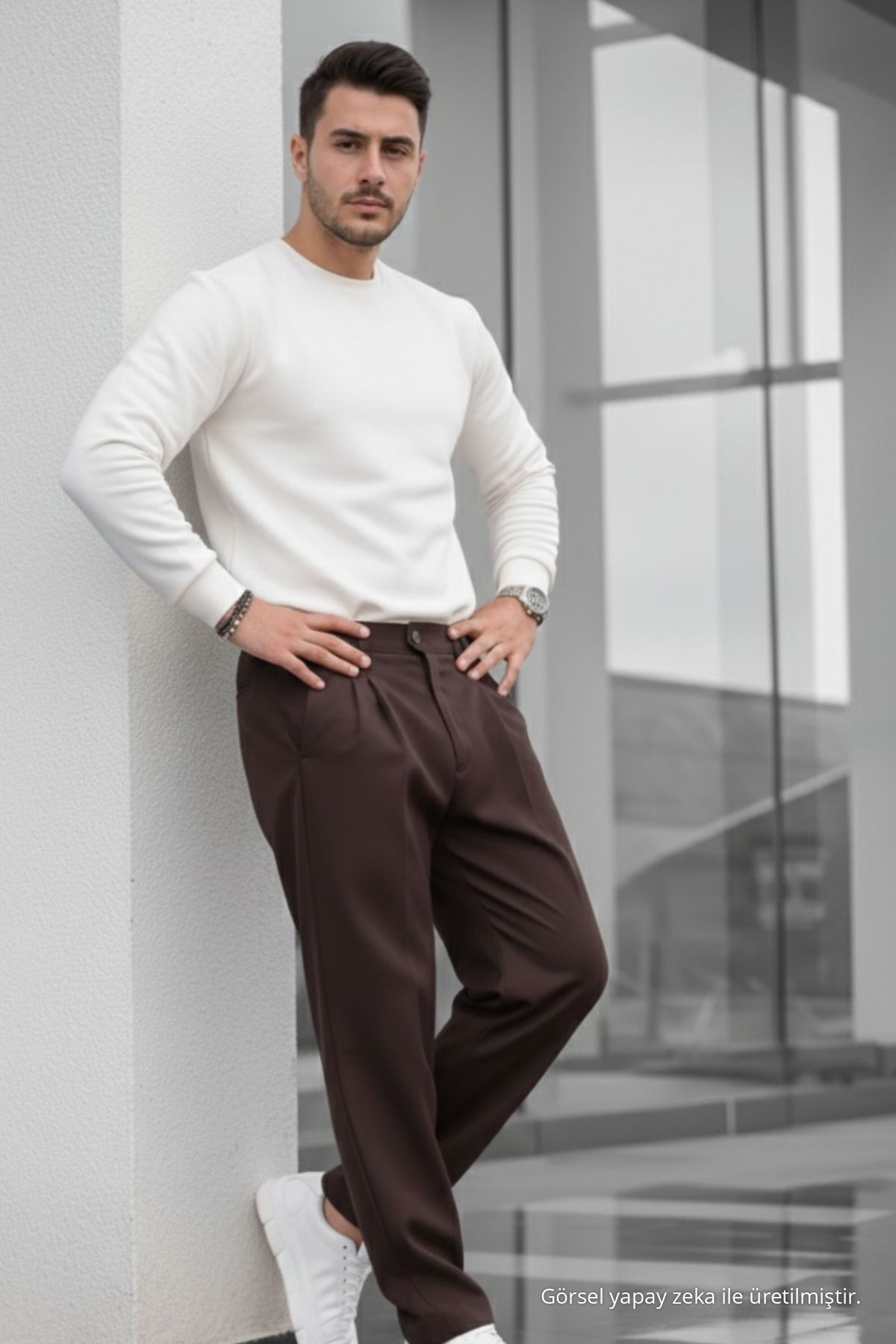 Erkek Çift Pileli Salaş KAHVERENGİ Baggy Pantolon 3