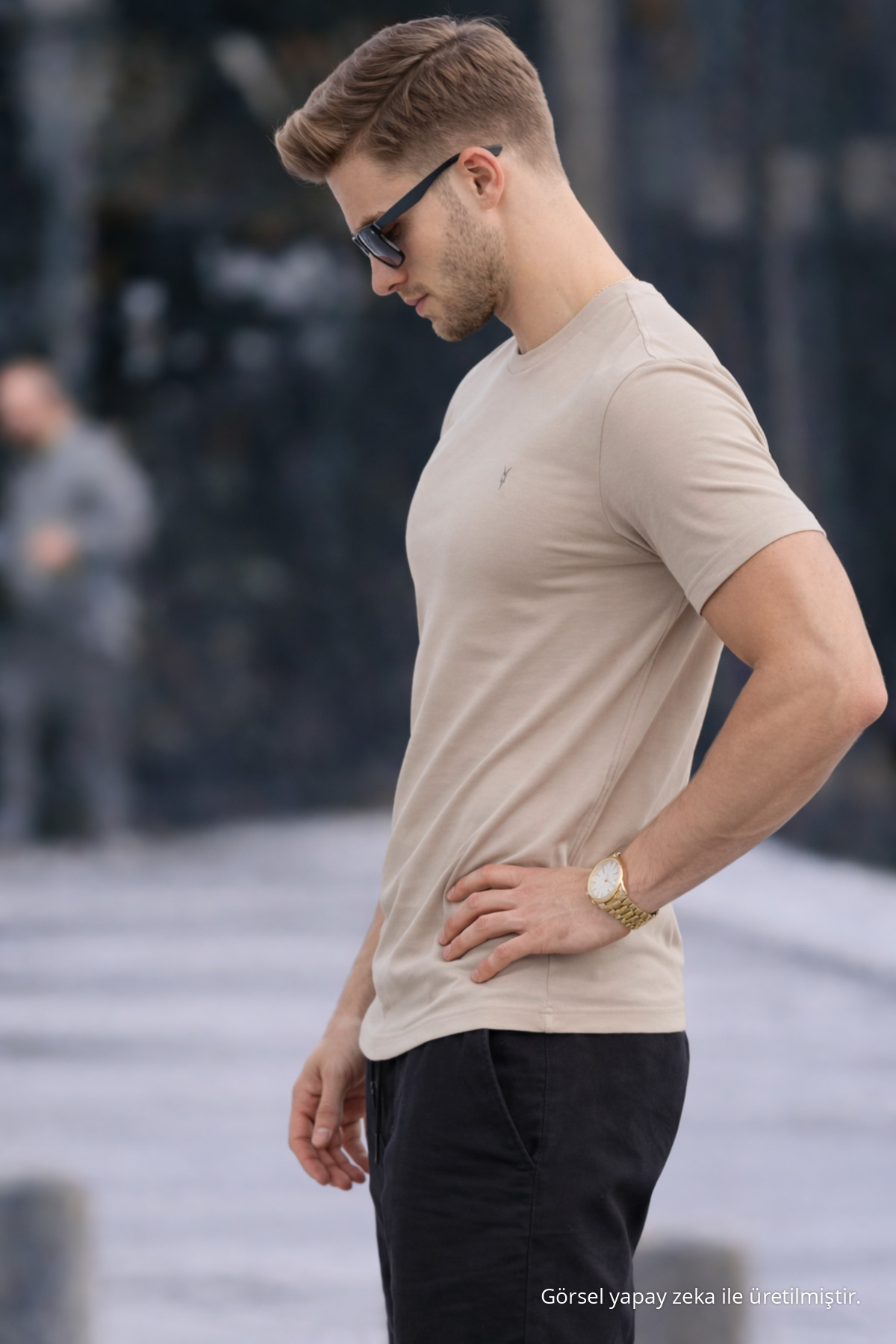 Erkek Bisiklet Yaka Slim Basic Bej Tişört 5