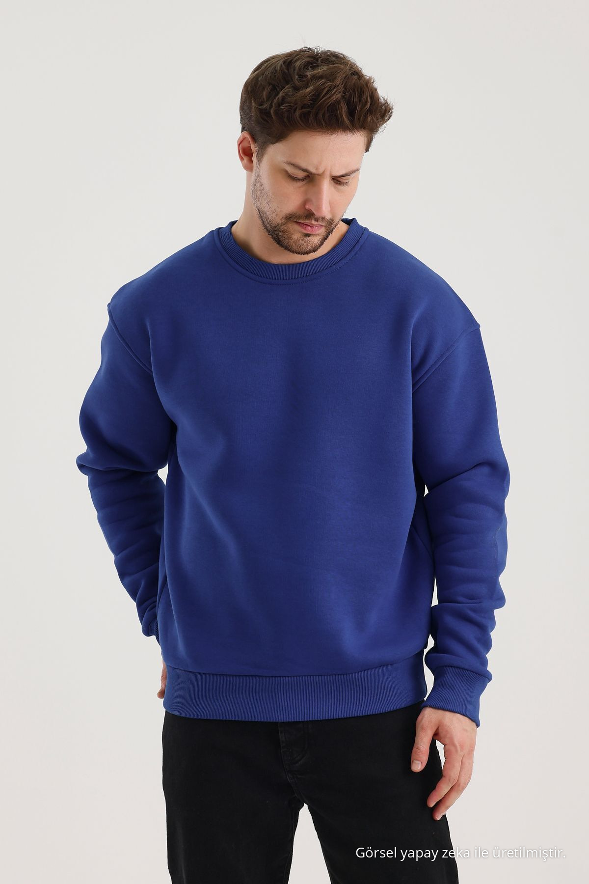 Saks Bisiklet Yaka Oversize Şardonlu Basic Erkek Sweatshirt MAVİ 5