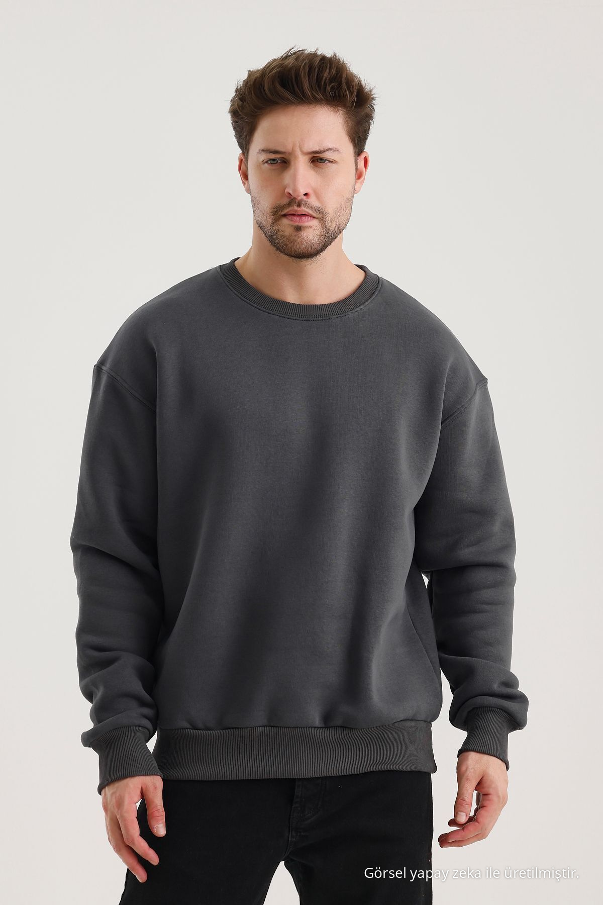 Füme Pamuklu Bisiklet Yaka Oversize Şardonlu Basic Erkek Sweatshirt 3