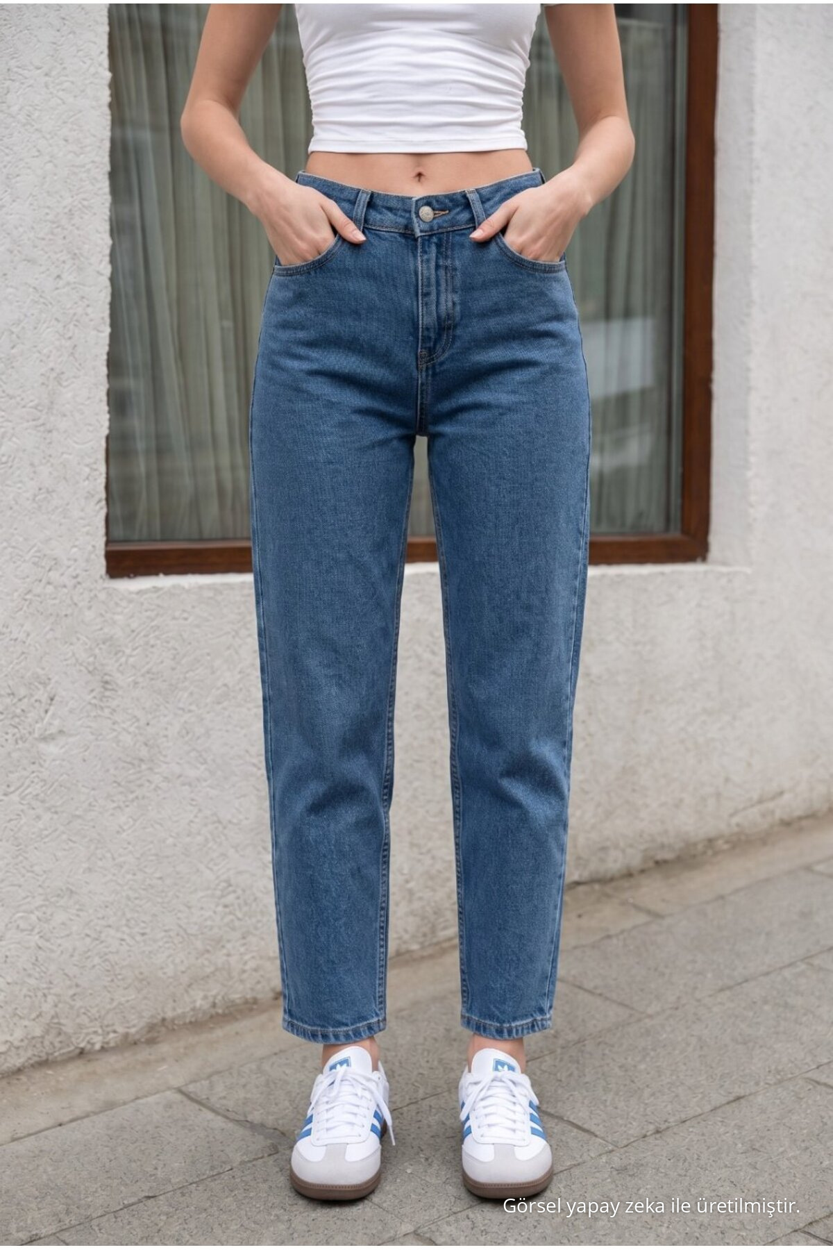 Kadın Yüksek Bel Esnek Denim Kumaş Mom Fit Jean Mavi 3