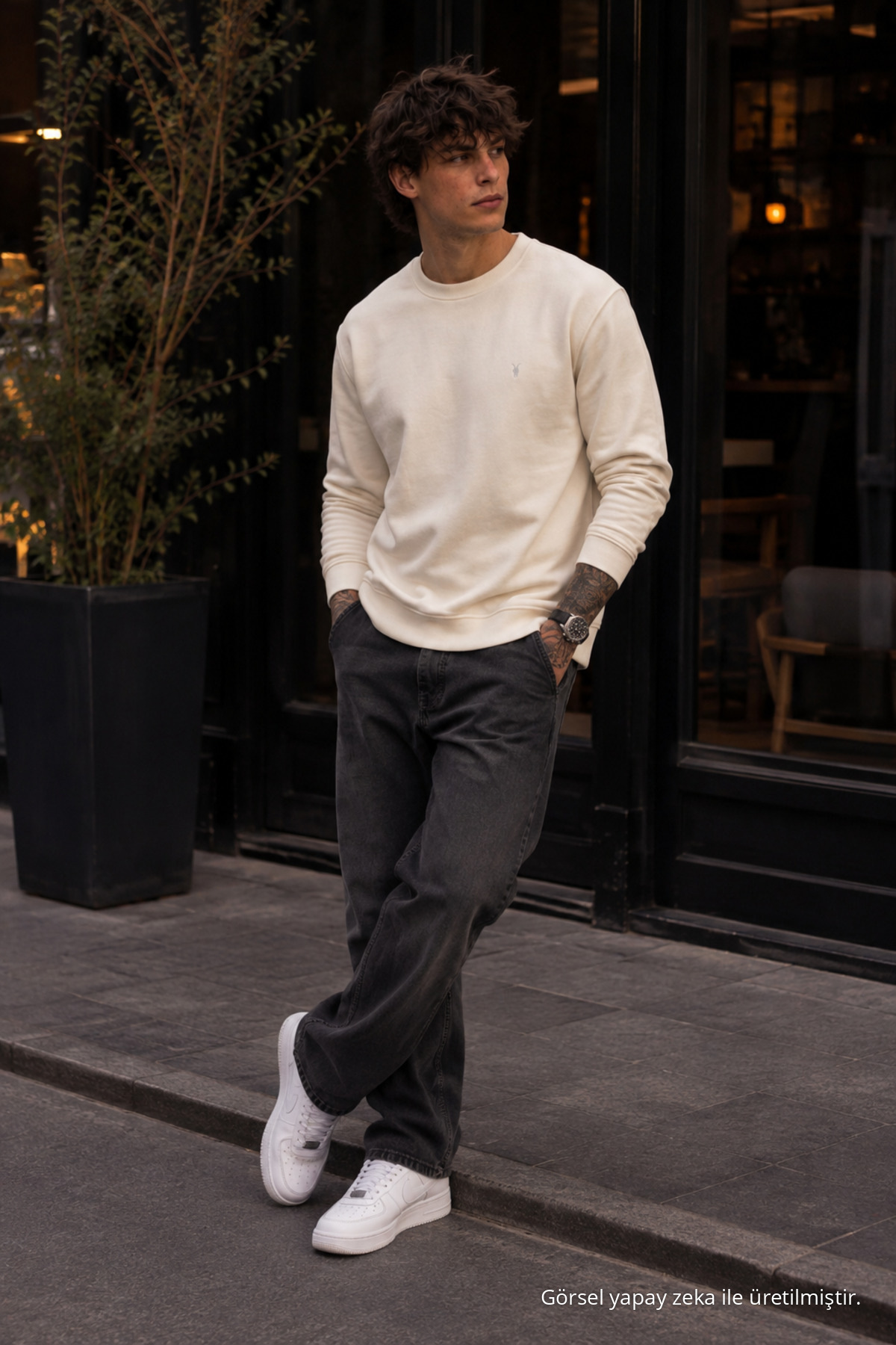 Örme Kışlık Günlük Ekru Erkek Sweatshirt 5