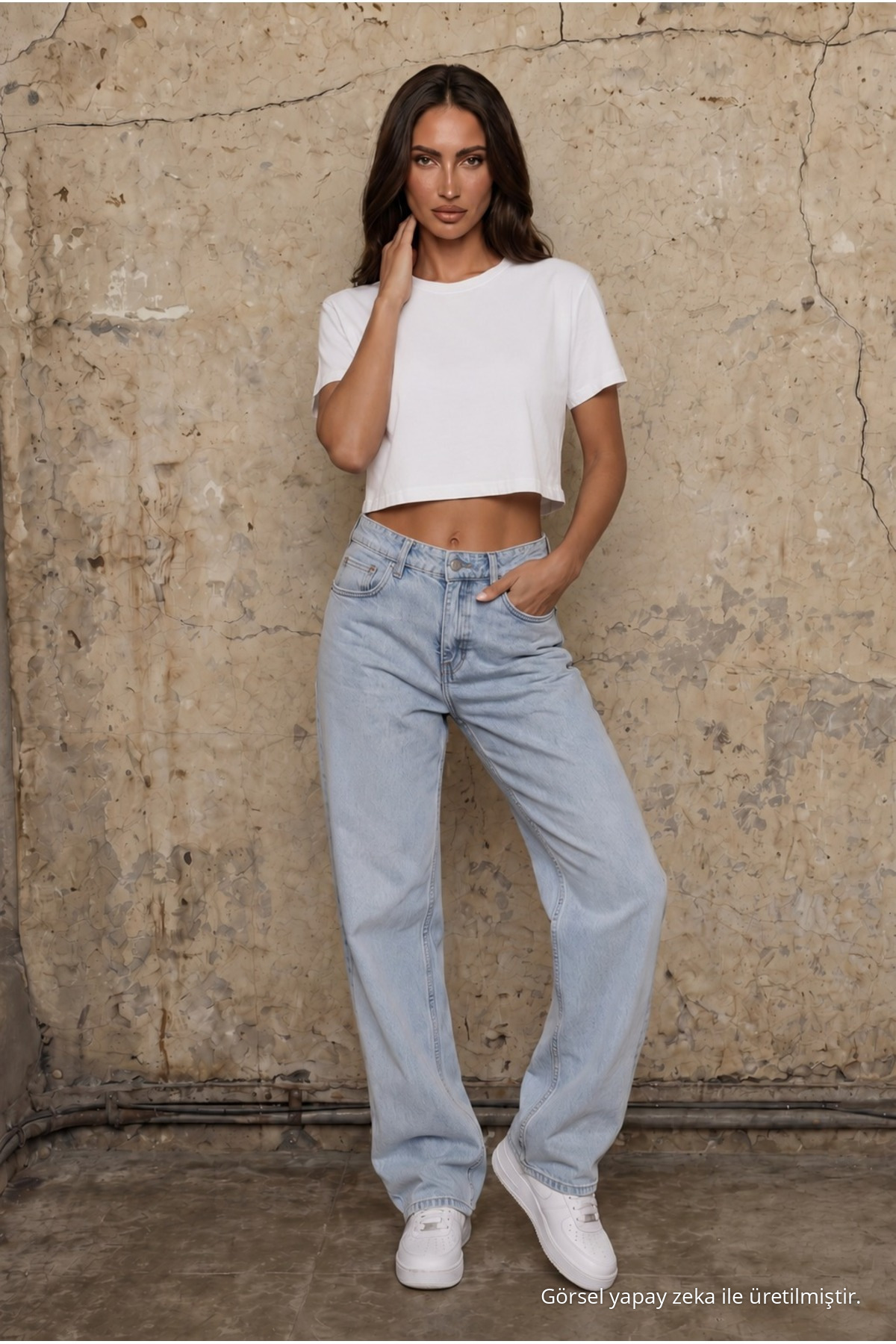 Kadın Yuvarlak Yaka Relaxed Fit Kısa Kol Basic Crop T-Shirt BEYAZ 4