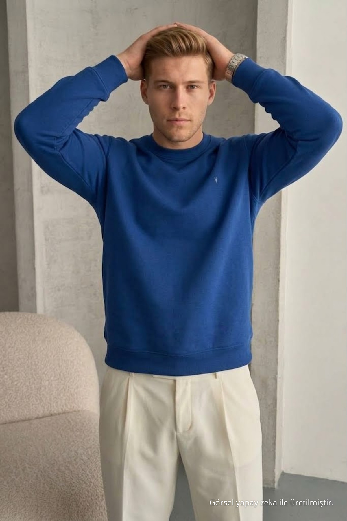 Erkek Loose Dokulu Flare İNDİGO Sweatshirt 5